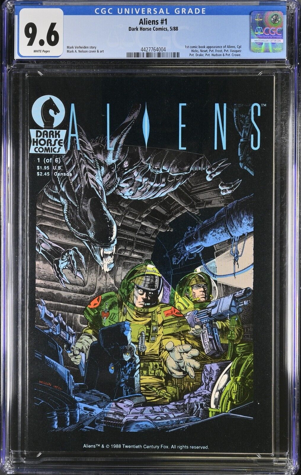 Aliens #1 1988 CGC 9.6 HOT 1st Comic book app of Aliens WHITE PAGES SHIPS FREE