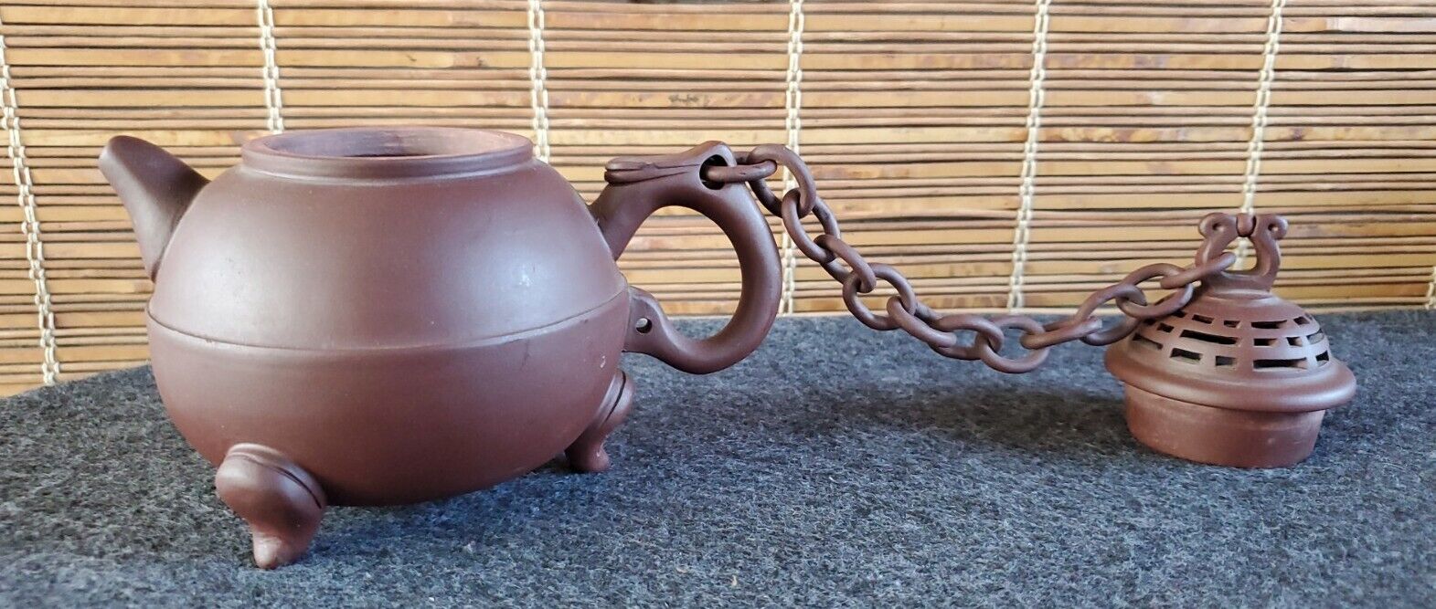Chinese Yixing Purple Sand Clay Teapot w Chain Signed