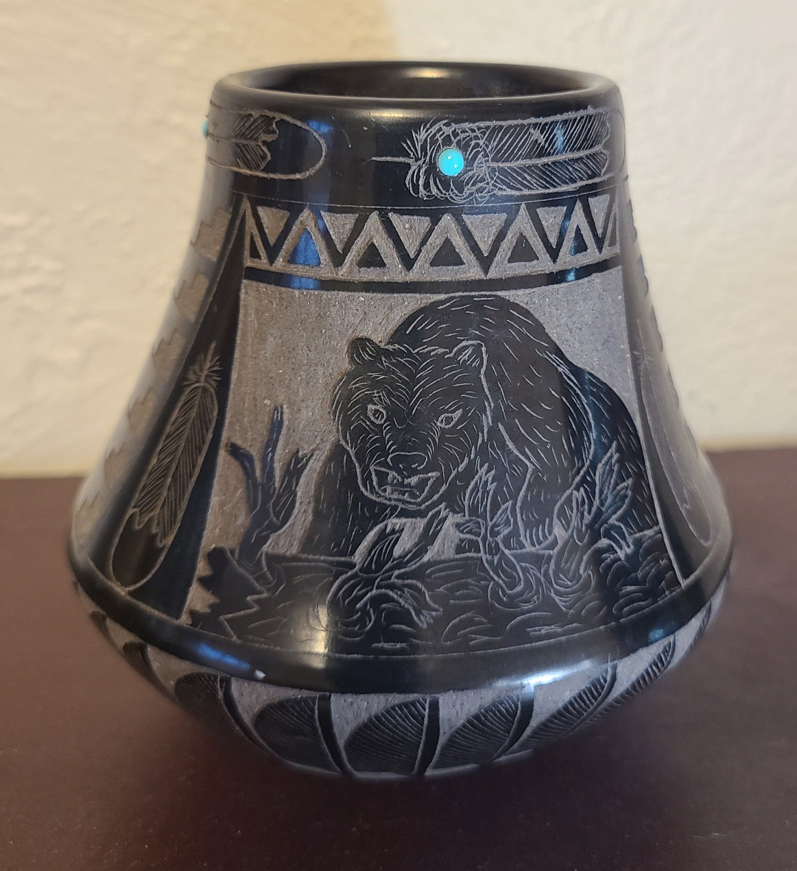 Red Starr Sioux Black Sgrafitto Pot with Inlaid Turquoise