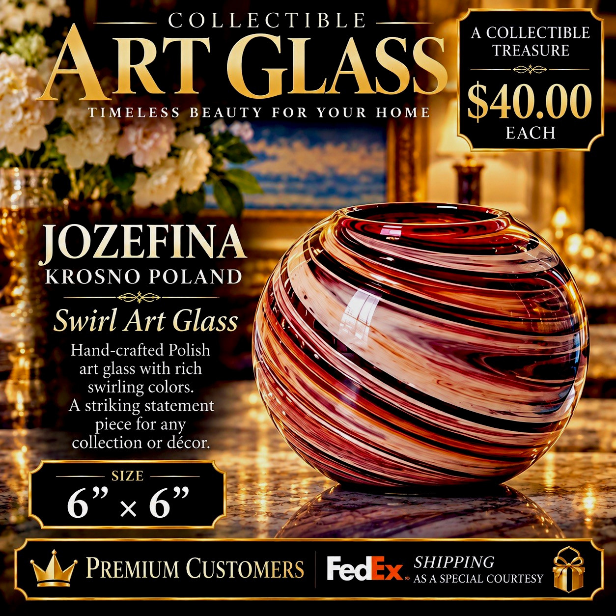Jozefina Krosno Poland Swirl Hand Blown Art Glass Round Vase 6\