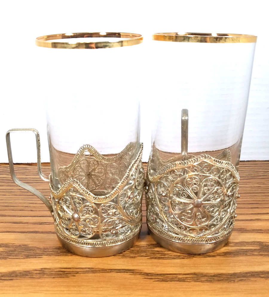 Vintage Soviet Filigree Podstakannik Tea Glass Holder Set 2  USSR