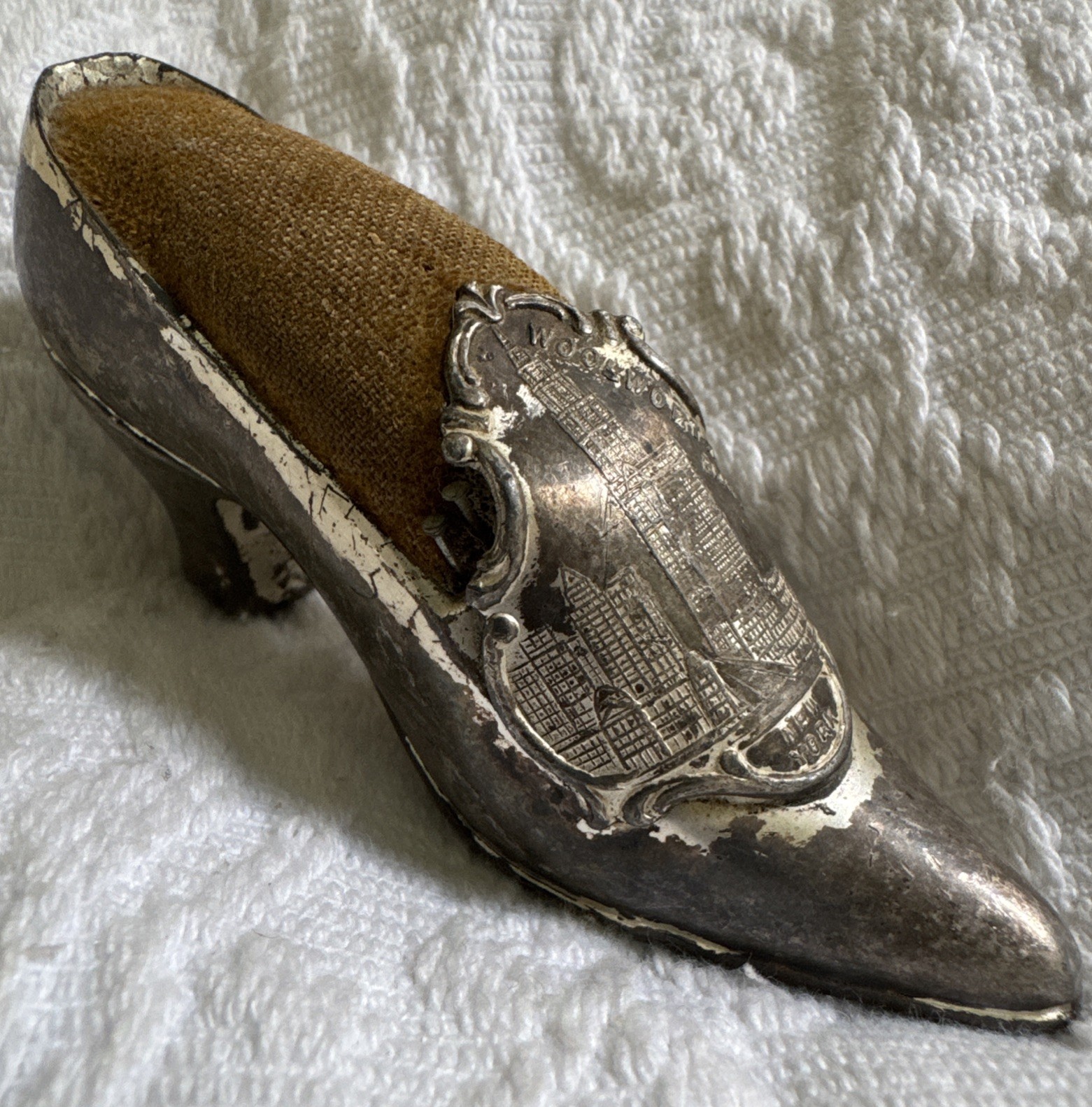 Antique JB 515 Silver Victorian Shoe Pin Cushion New York Souvenir Pincushion