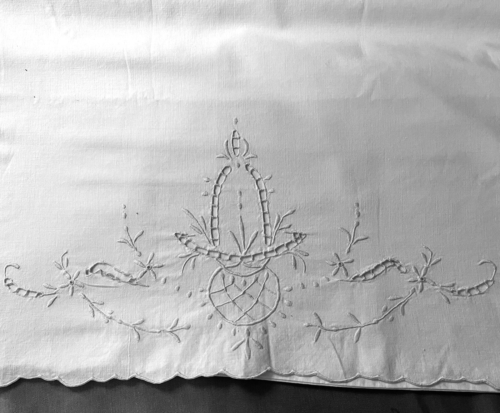 Antique Pillowcase Hand Made Lovely Blue Madeira Embroidery  33 x  20  1/2\