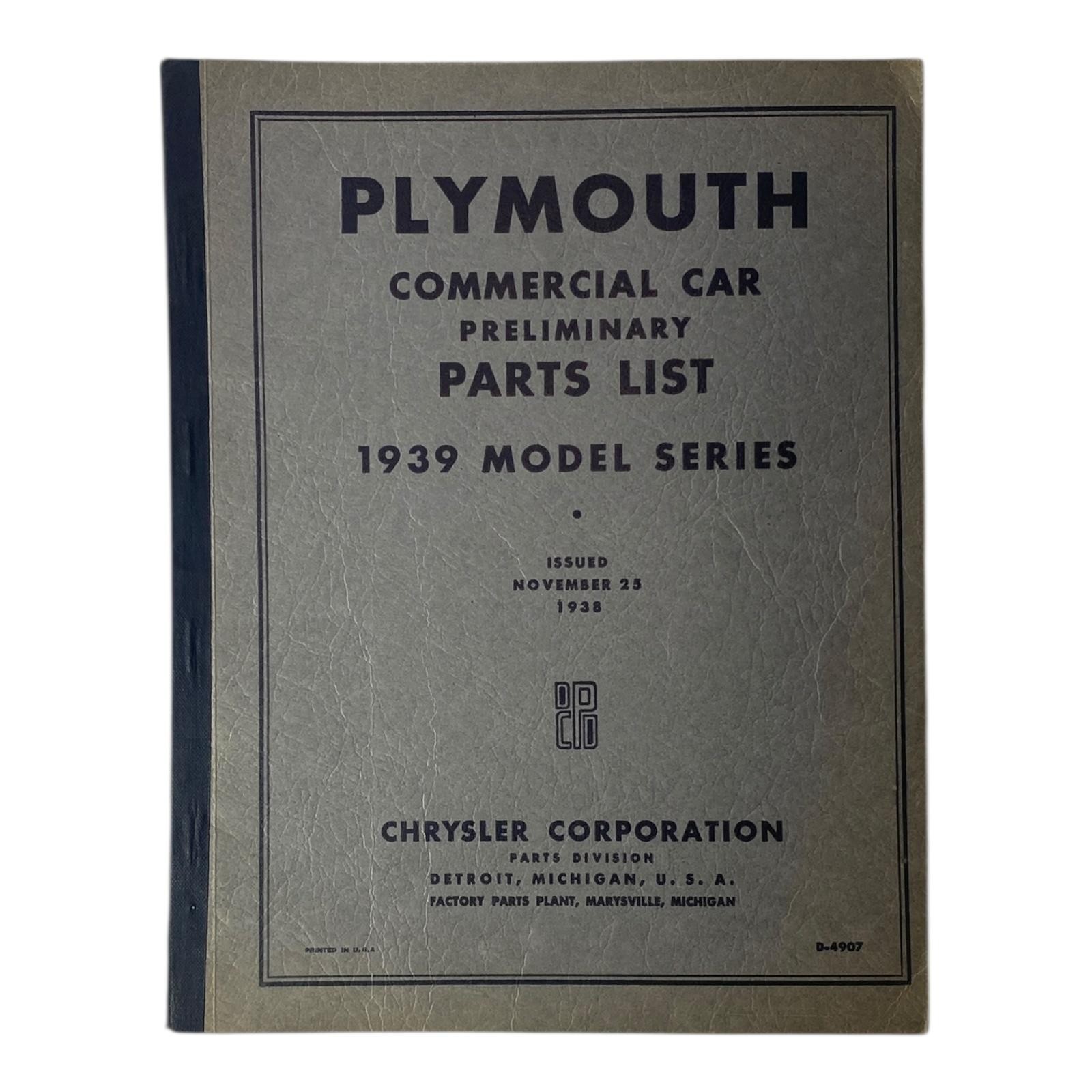 Vintage 1939 Plymouth Preliminary Parts List Manual 1938 Chrysler USA PT81