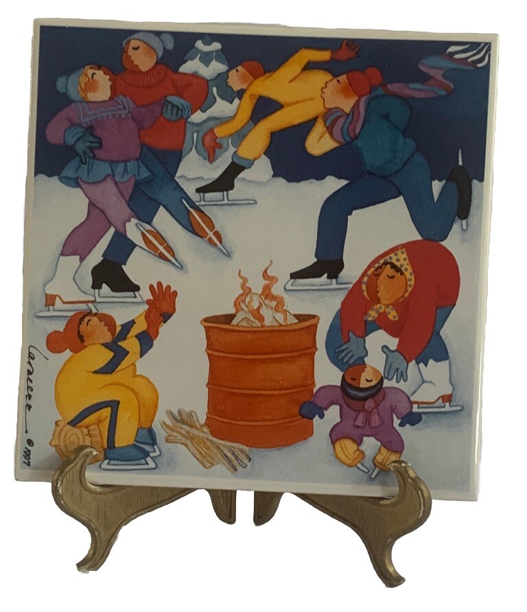 VTG Barbara LaVallee Alaska Tile Trivet “winter Fun”  1996 Iceskating Ceramic 6”