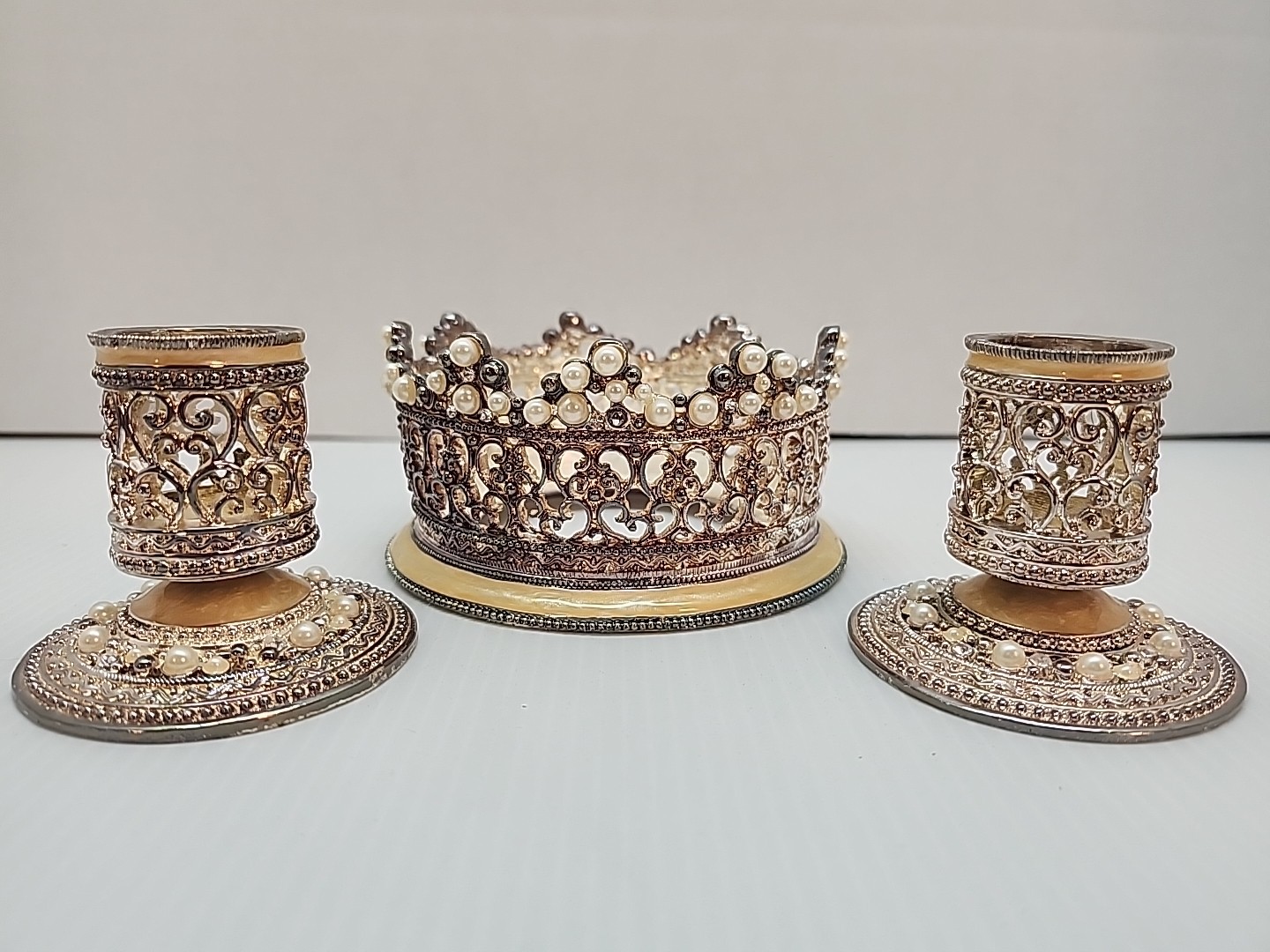 Ornate Candleholder Set Of 3 Faux Pearls TR Wedding Vanity Pillar And Taper 