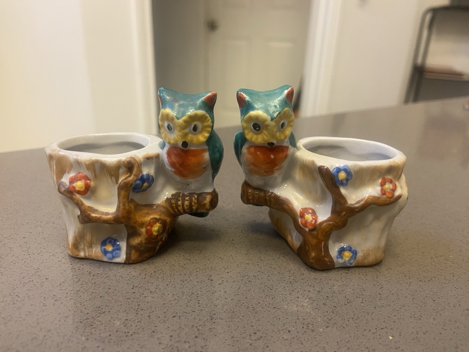 Two Vintage Antique Owl Tooth Pick Holder Occupied Japan 2.5”T Two Vintage Antique Owl Tooth Pick Holder Occupied Japan 2.5”T