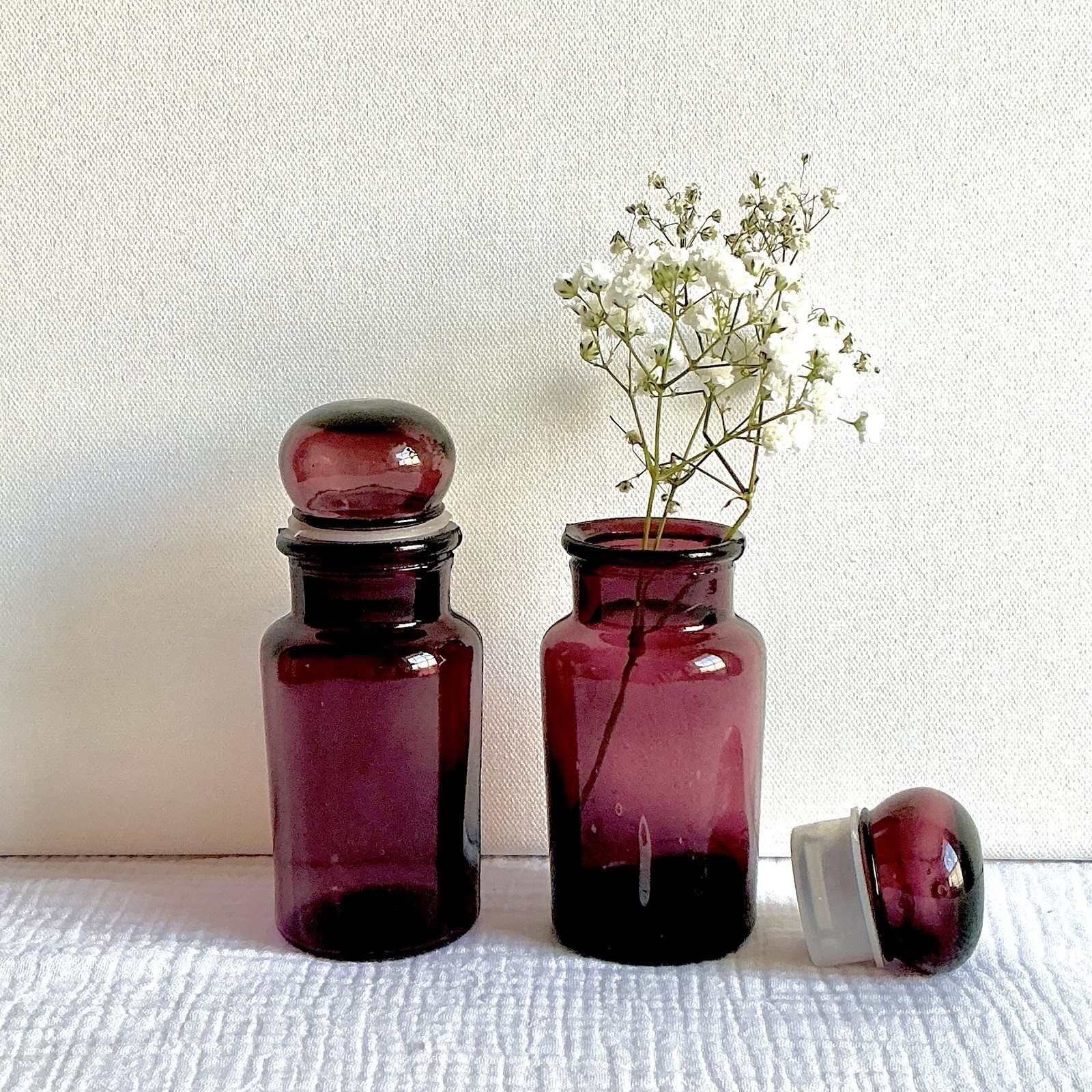Set of 2 Small Vintage Purple Glass Apothecary Bottles with Stoppers 5”