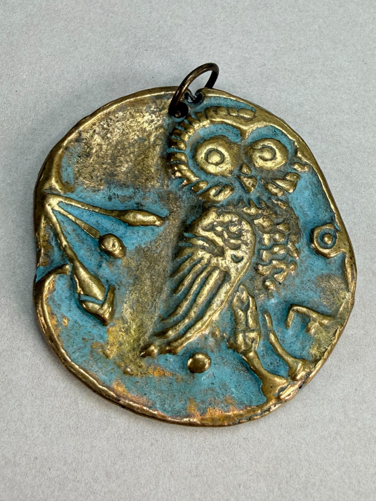 Vintage Greek Owl Coin Style Brass Pendant Turquoise Patina Athens Tetradrachm