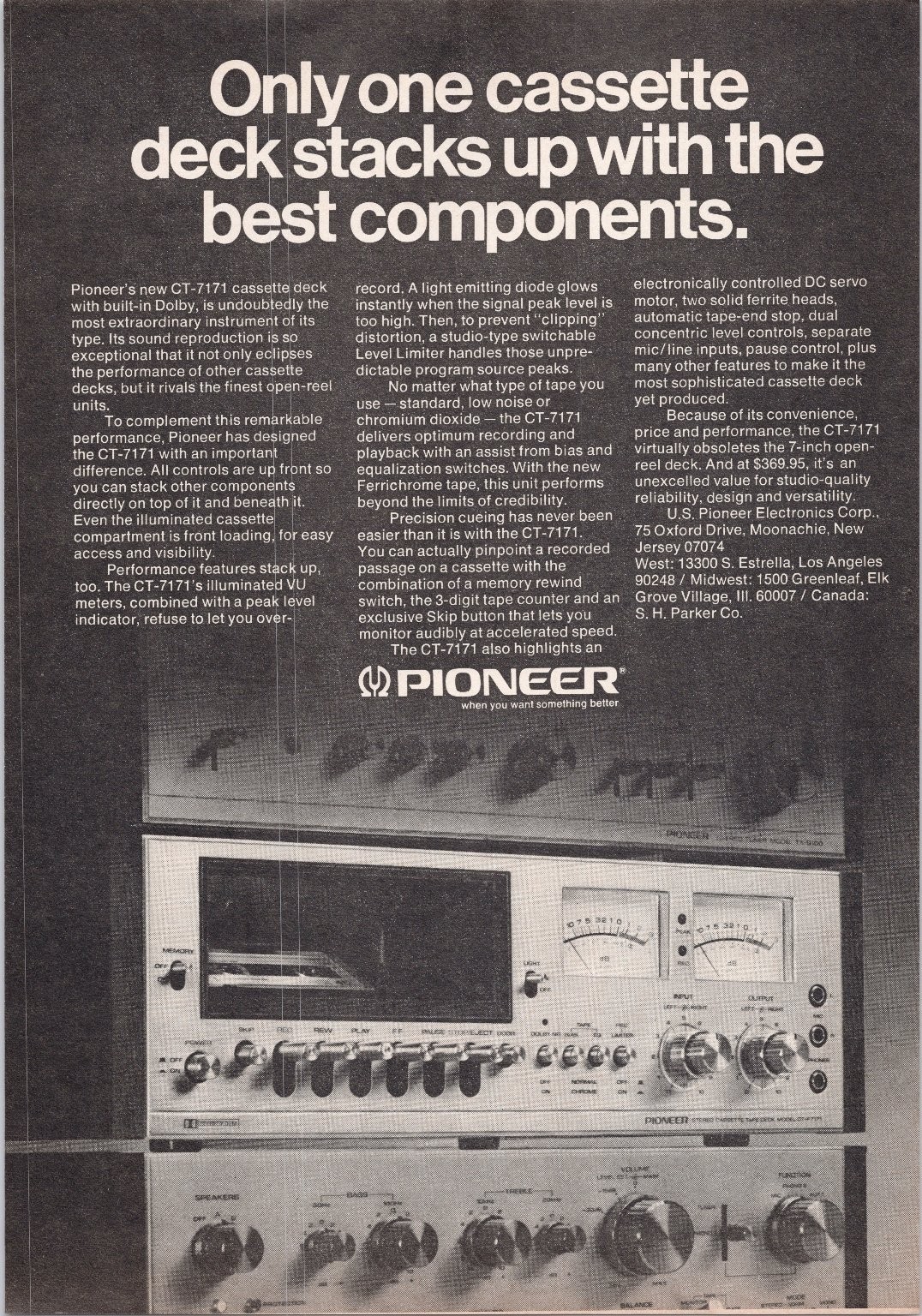 Pioneer CT-7171 Cassette Deck Vintage Print Ad 1974 Black White