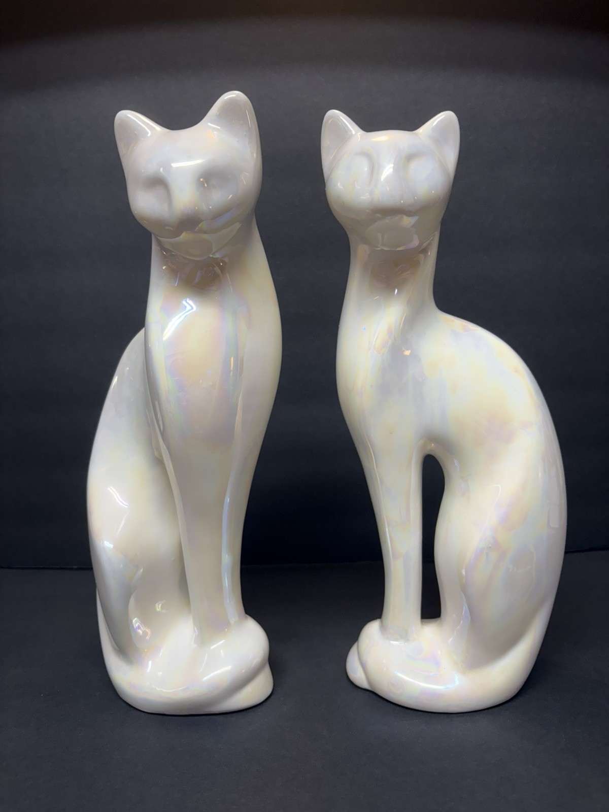 VTG Tall Cat Pair MCM Opalescent White Ceramic 12”H Siamese Retro modern minimal
