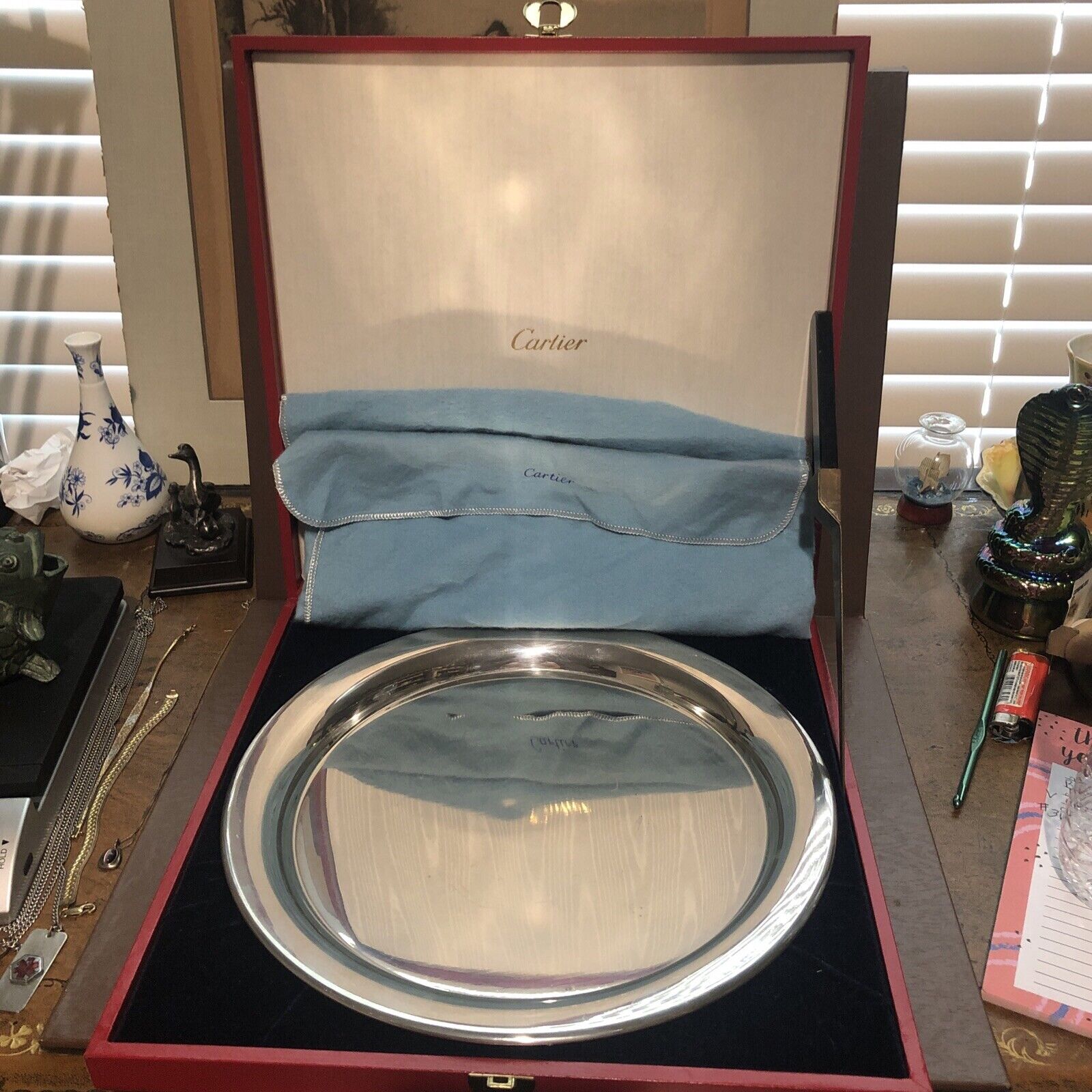 Cartier pewter vintage plate with original red box and blue dust bag vintage 