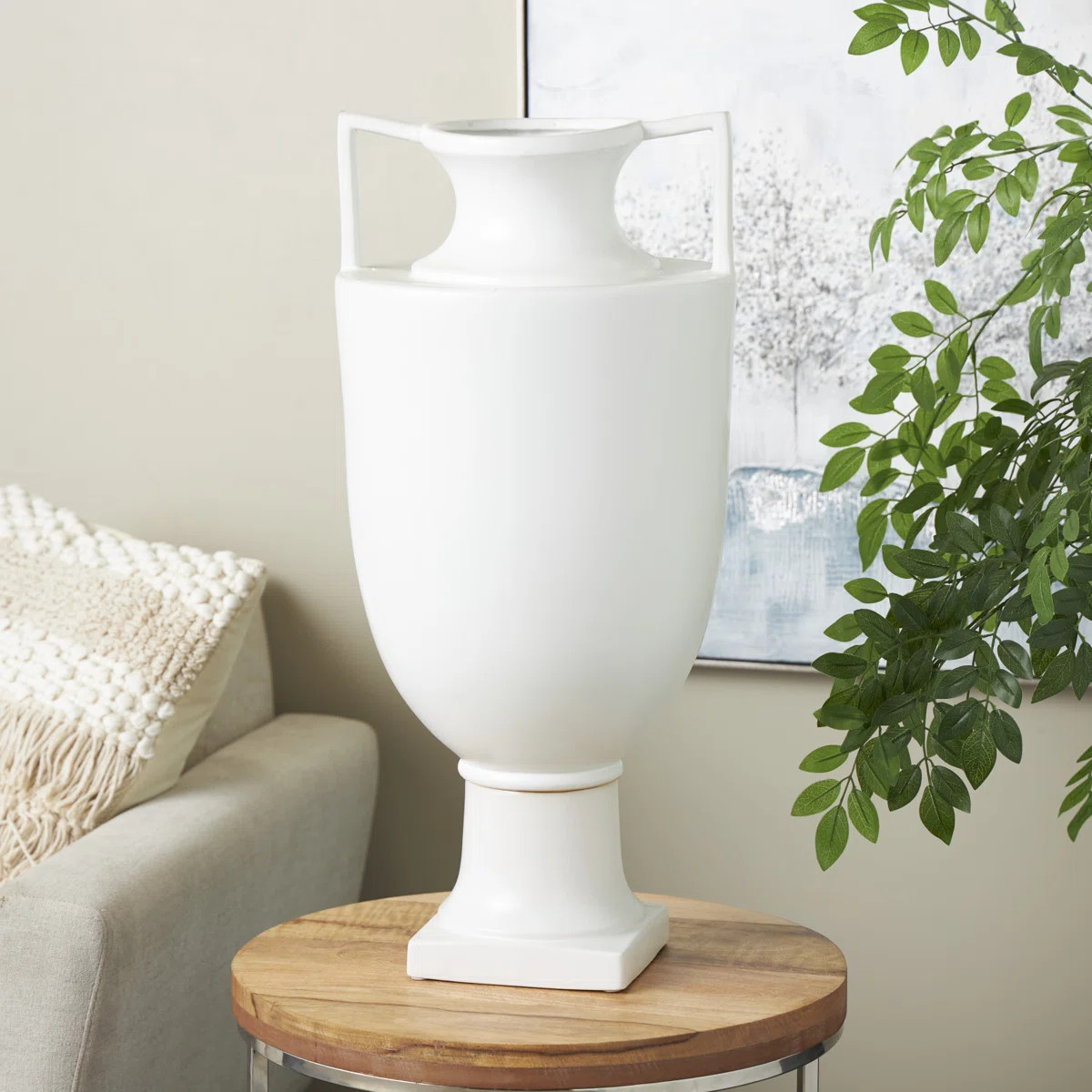 White Ceramic Fluted Urn Floor Vase With Handles