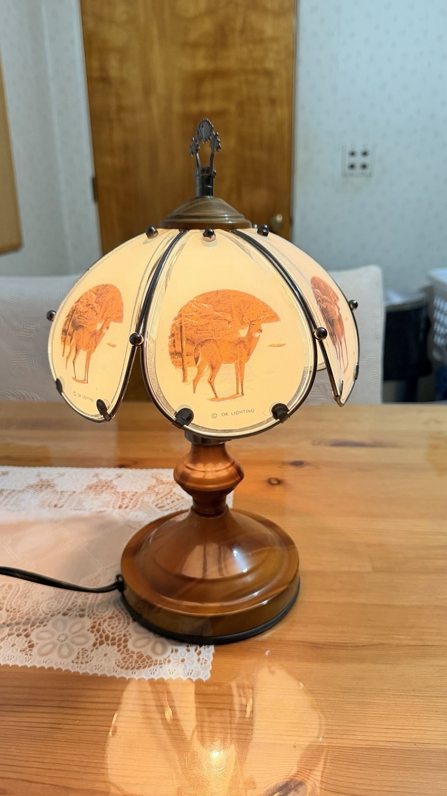 Vintage OK Lighting 3-Way Touch Lamp Glass Panel Deer Buck Wildlife Cabin Decor