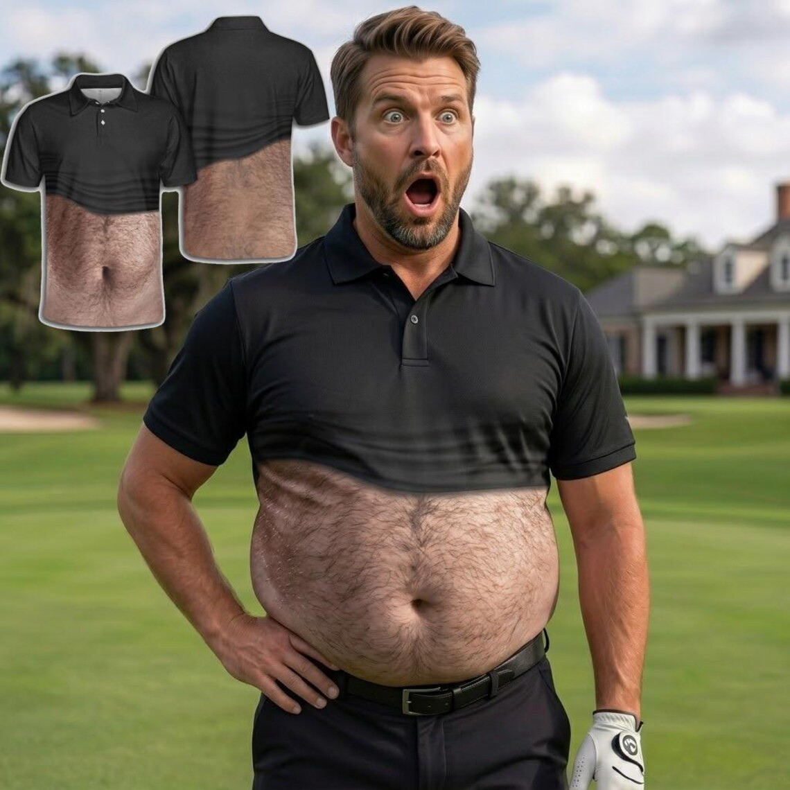 Funny Hairy Chest Polo Shirt, Fake Six Pack Dad Bod Tee, Men\'s Gag Gift, Bachelo