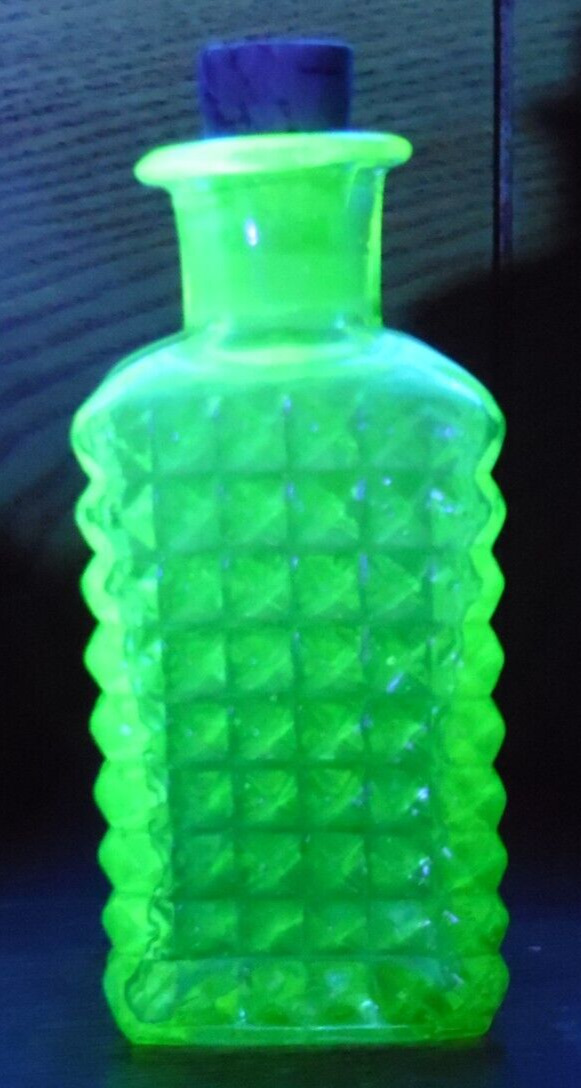 Vintage Vaseline Uranium Glass Small Square Bottle - 4 1/8\