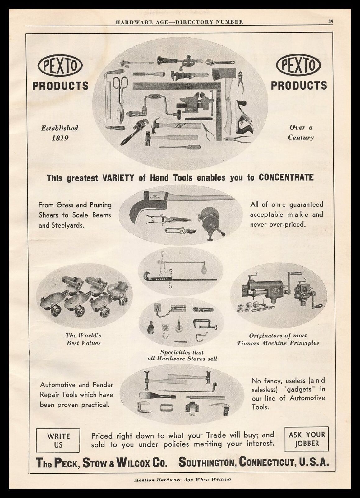 1935 The Peck Stow & Wilcox Co Southington Connecticut PEXTO Hand Tools Print Ad