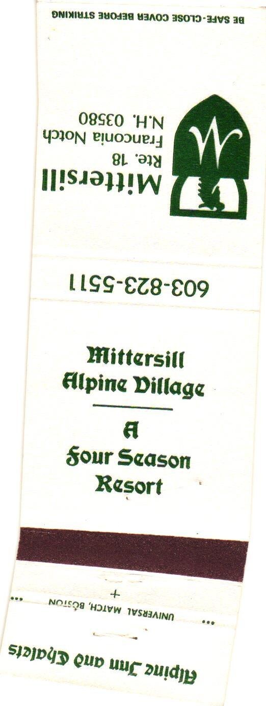 Mittersill Alpine Village Franconia Notch NH Vintage Matchbook Cover 1970s