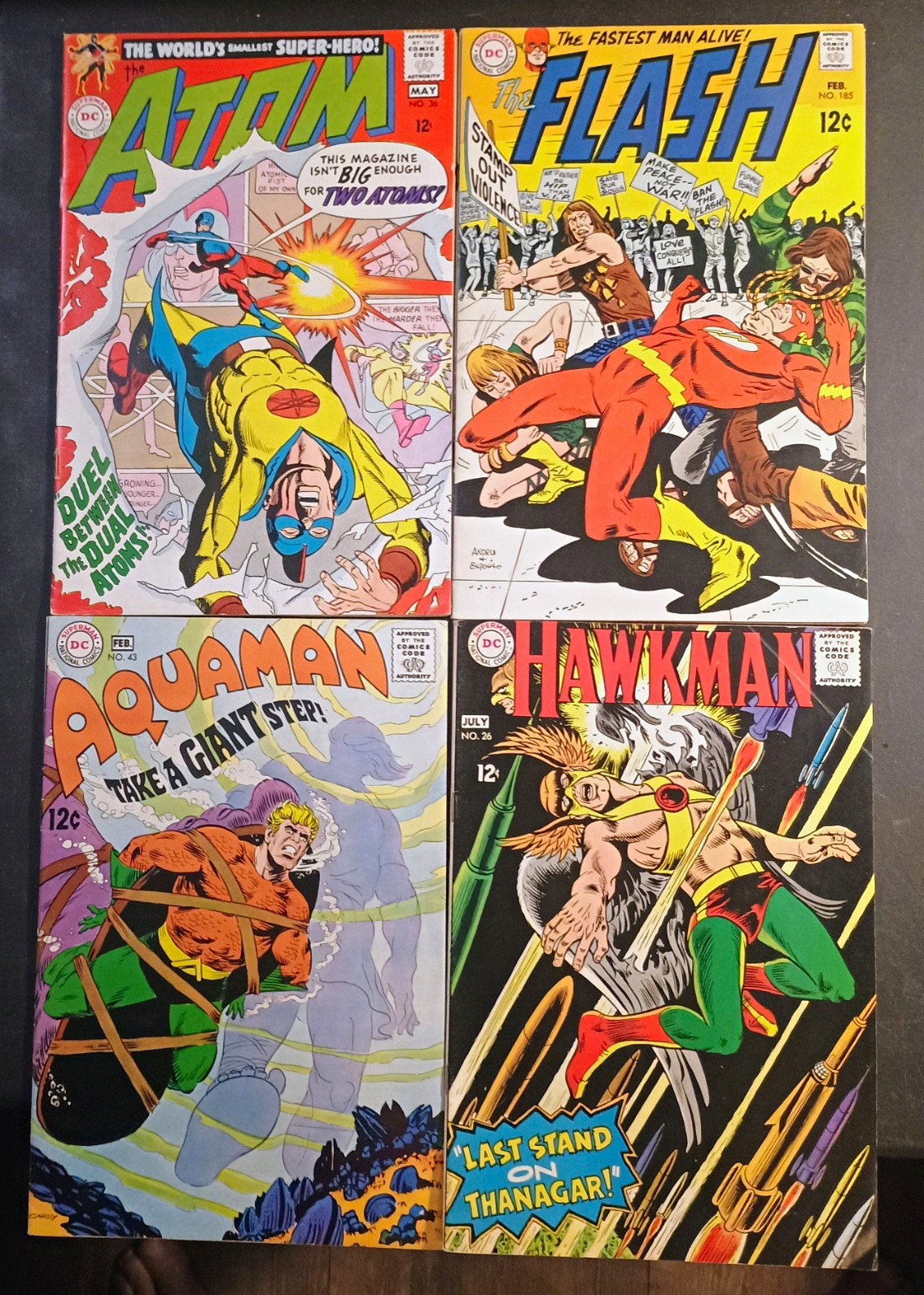 Silver-Age DC Comics lot- (4) Flash#185, Aquaman#43, Atom#36, Hawkman#26 