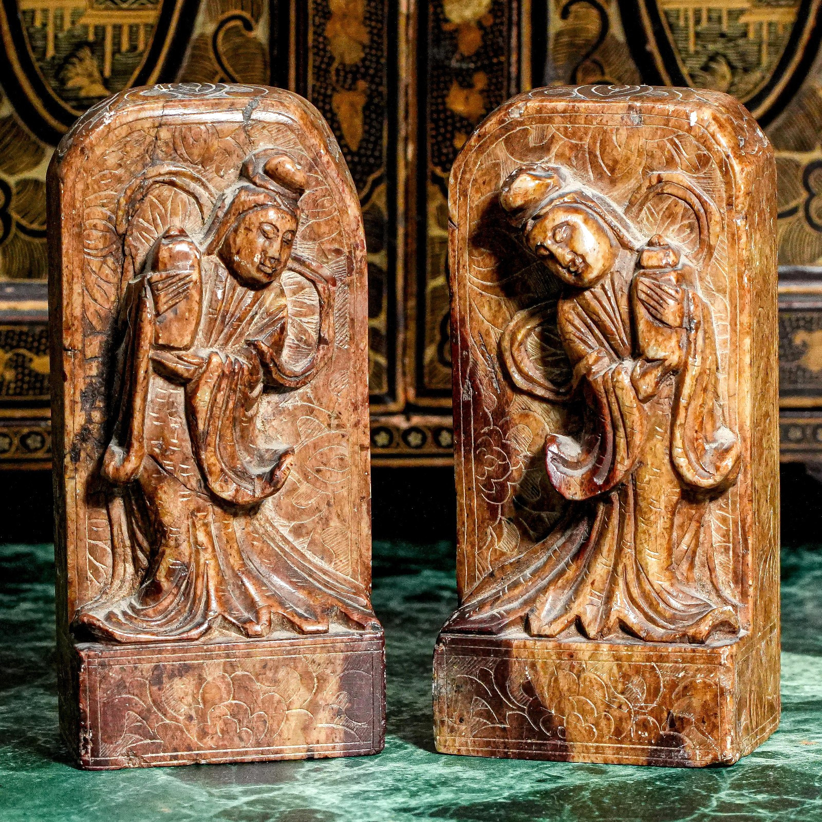 Lovely Chinese Antique Pair Carved Soapstone Stone Plaques Bookends Chinoiserie Lovely Chinese Antique Pair Carved Soapstone Stone Plaques Bookends Chinoiserie