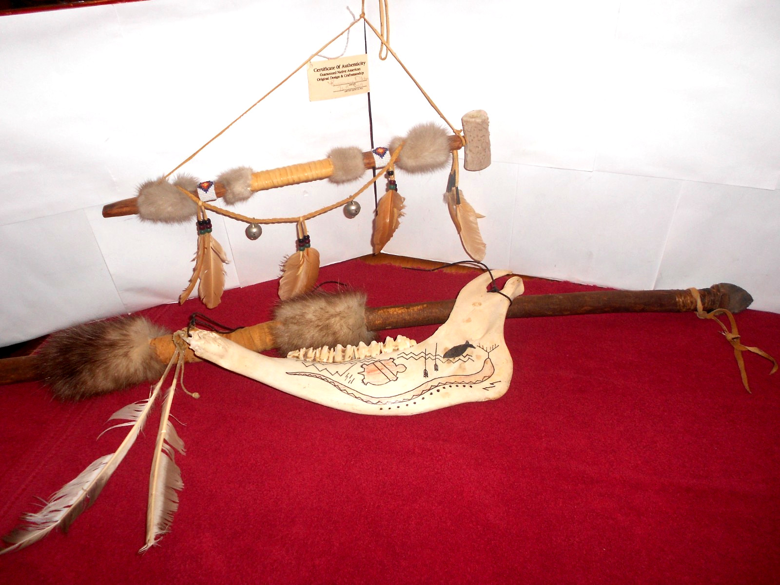 VTG. 3 PC. SPEAR -PEACE PIPE & JAW NATIVE INDIAN DESIGN & CRAFTSMANSHIP SET -W27