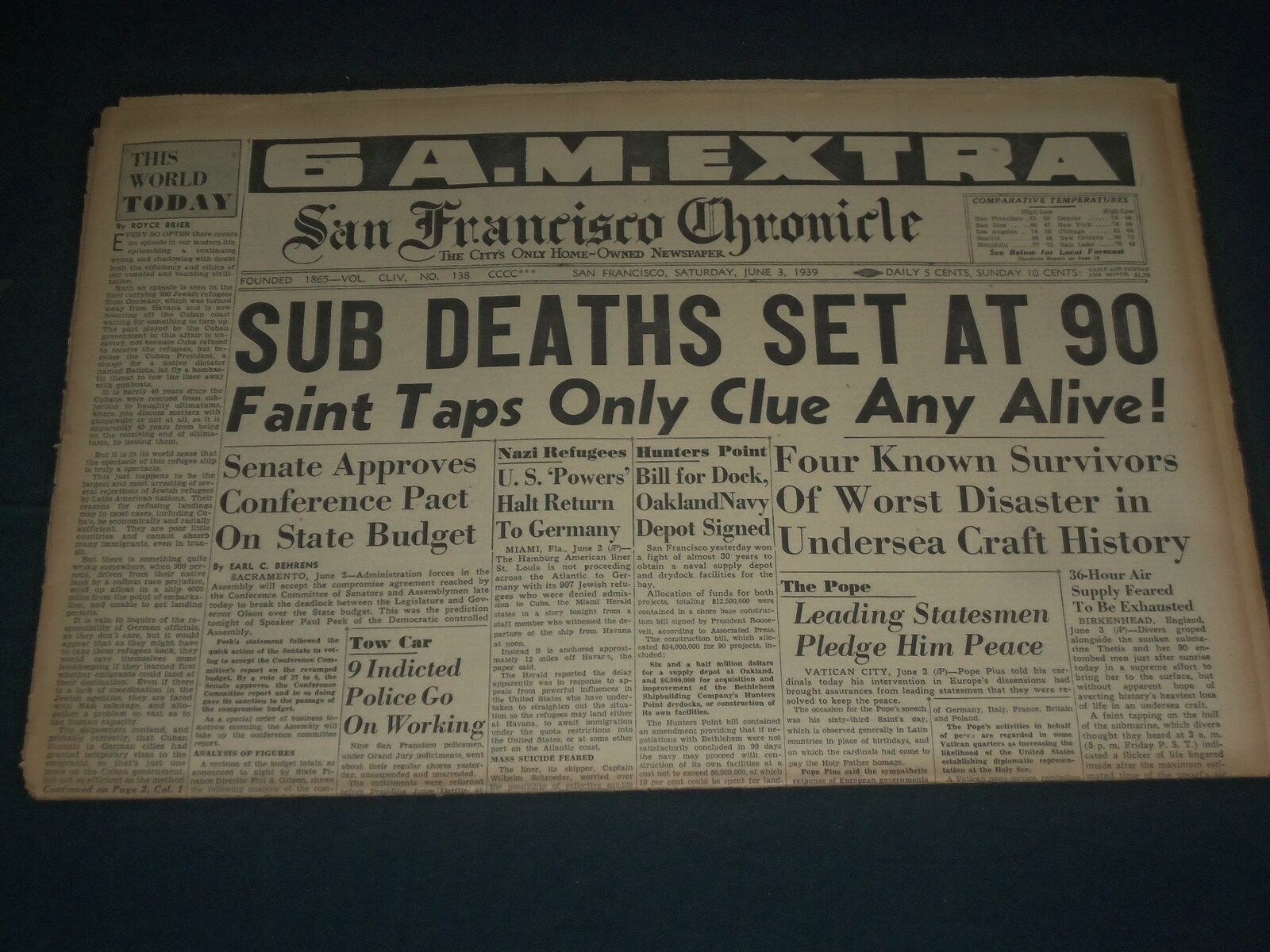 1939 JUNE 3 SAN FRANCISCO CHRONICLE -SUB DEATHS SET AT 90 - SUPERMAN - NP 3644