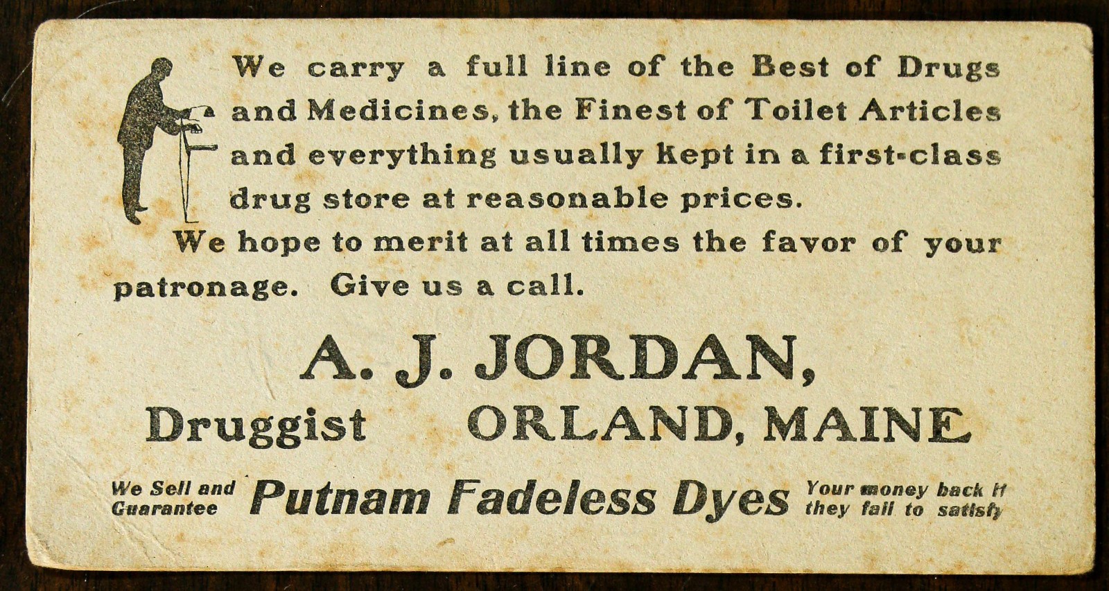 Antique Apothecary Advertising Trade Card A. J. Jordan Druggist Orland, Maine Antique Apothecary Advertising Trade Card A. J. Jordan Druggist Orland, Maine