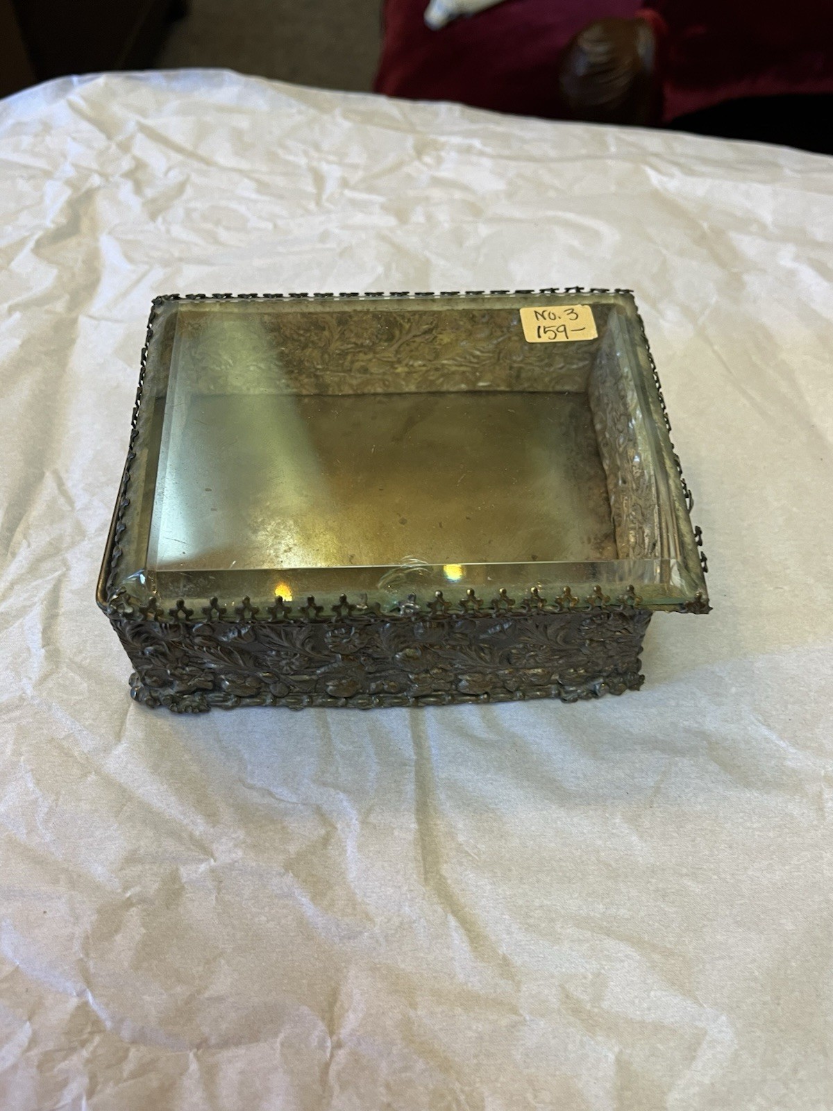Antique French Thick Beveled Glass Jewelry Casket Metal Ormolu Trinket Box