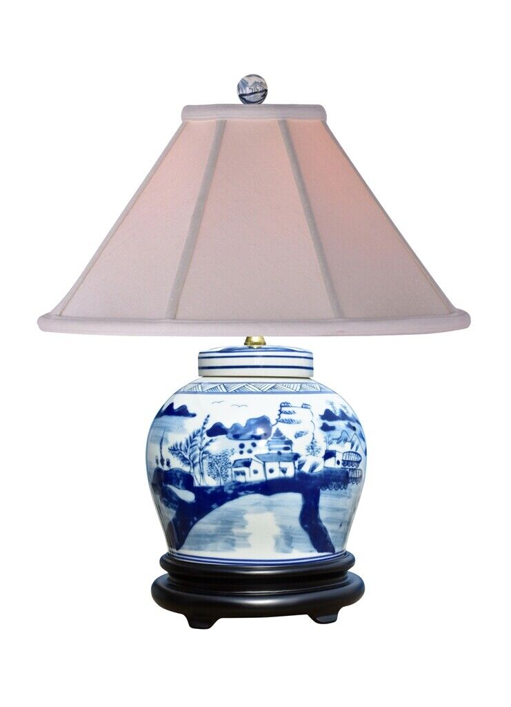 Beautiful Blue and White Land Scape Porcelain Round Flat Top Jar Table Lamp 20\