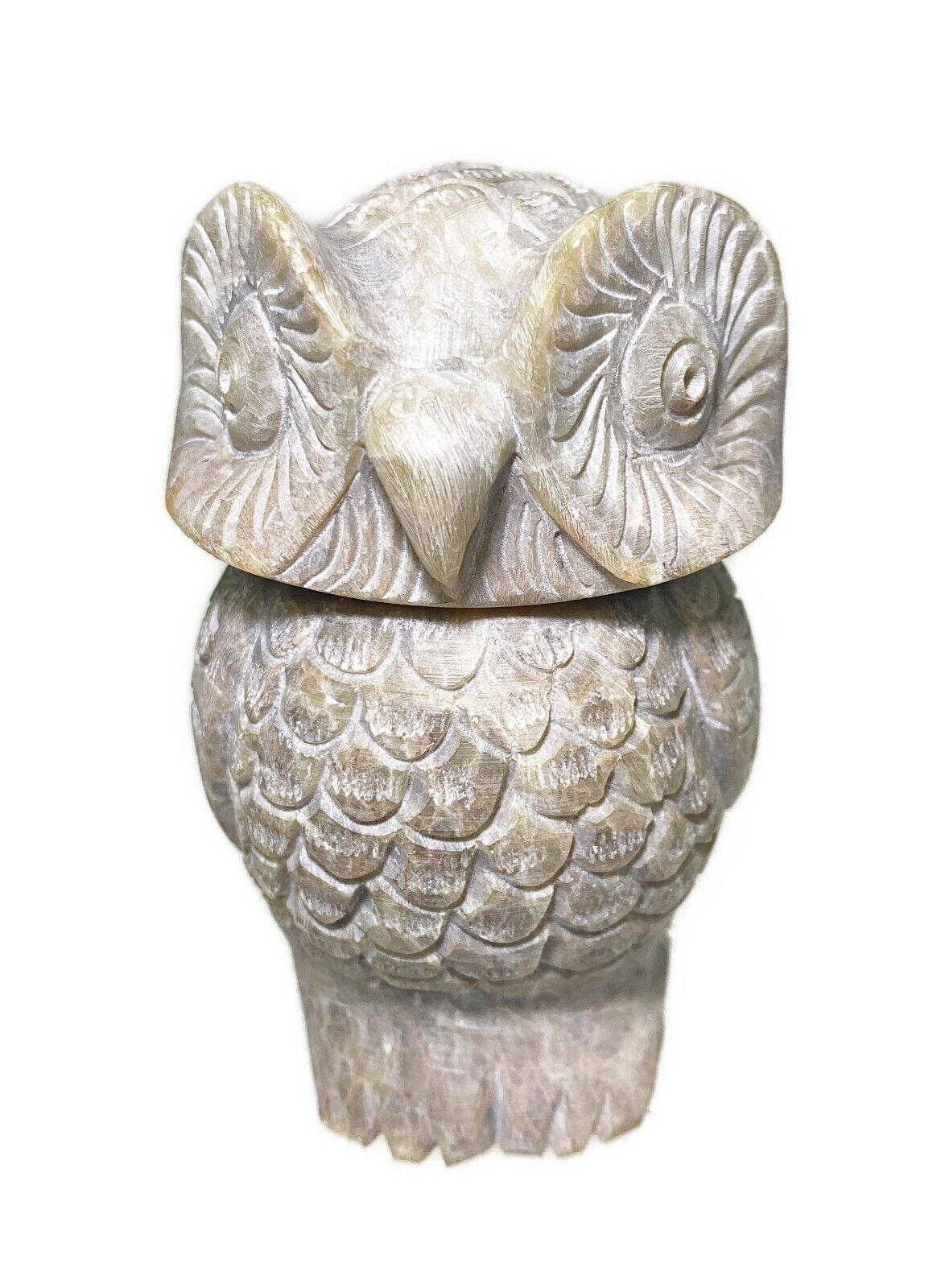 3.5” Carved Stone Owl Trinket Box Stash 2 Piece Figurine Big Eyes Hoot