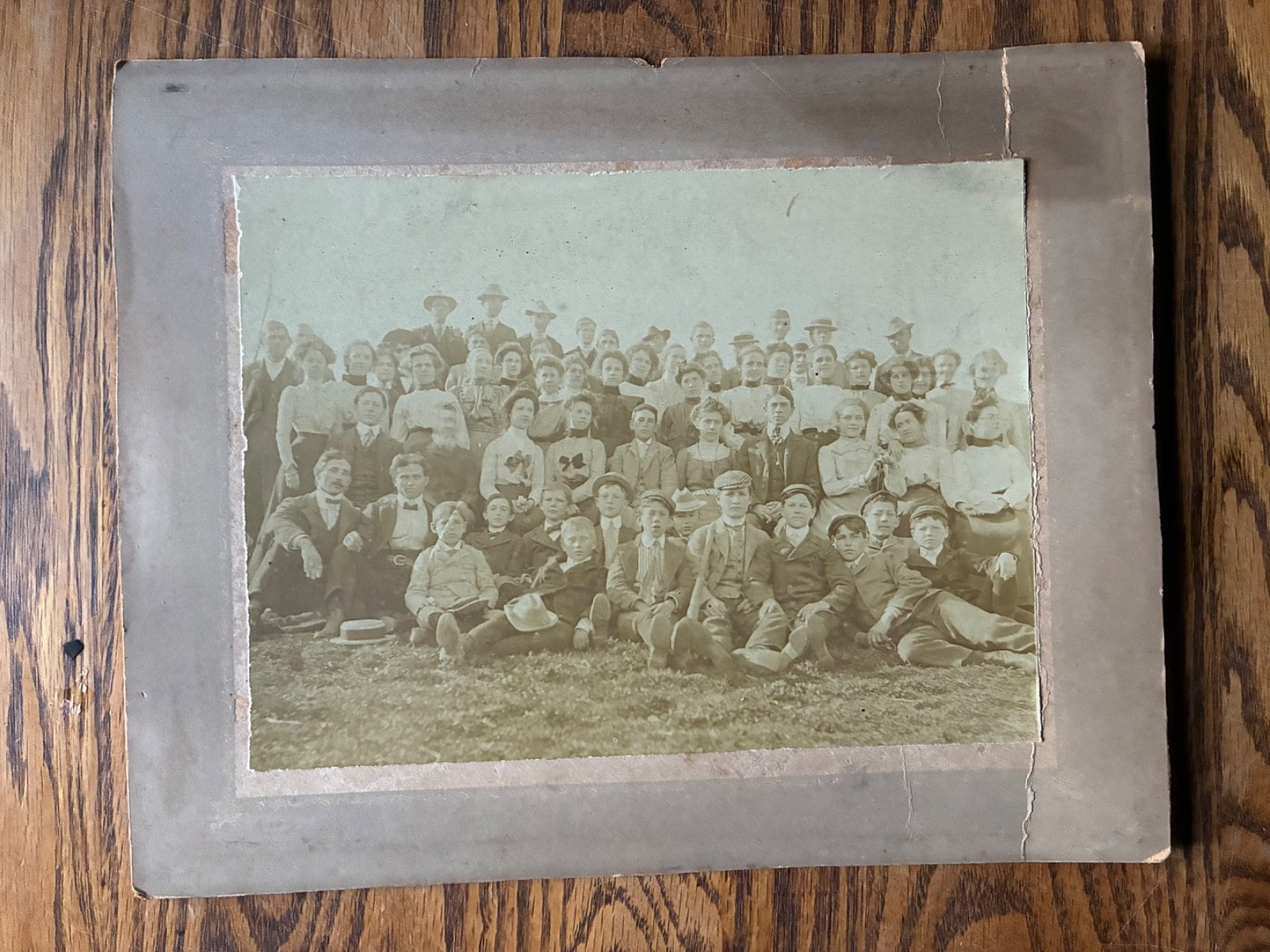 Antique Early 1900s Large Group Photo Men Boys Outdoor Mounted