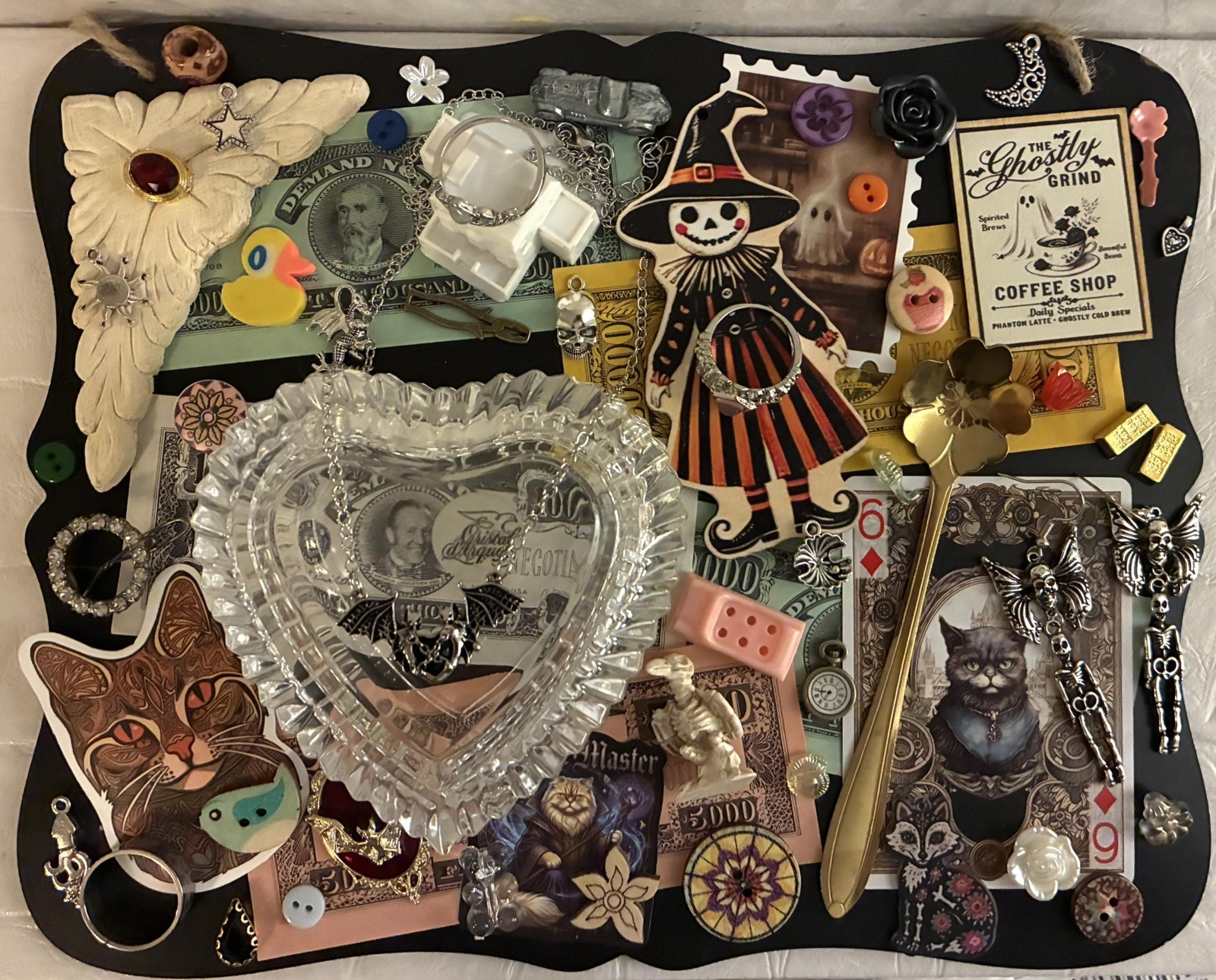 Vtg French Crystal Heart Trinket Box Jewelry Charms Junk Drawer Goth Art Lot