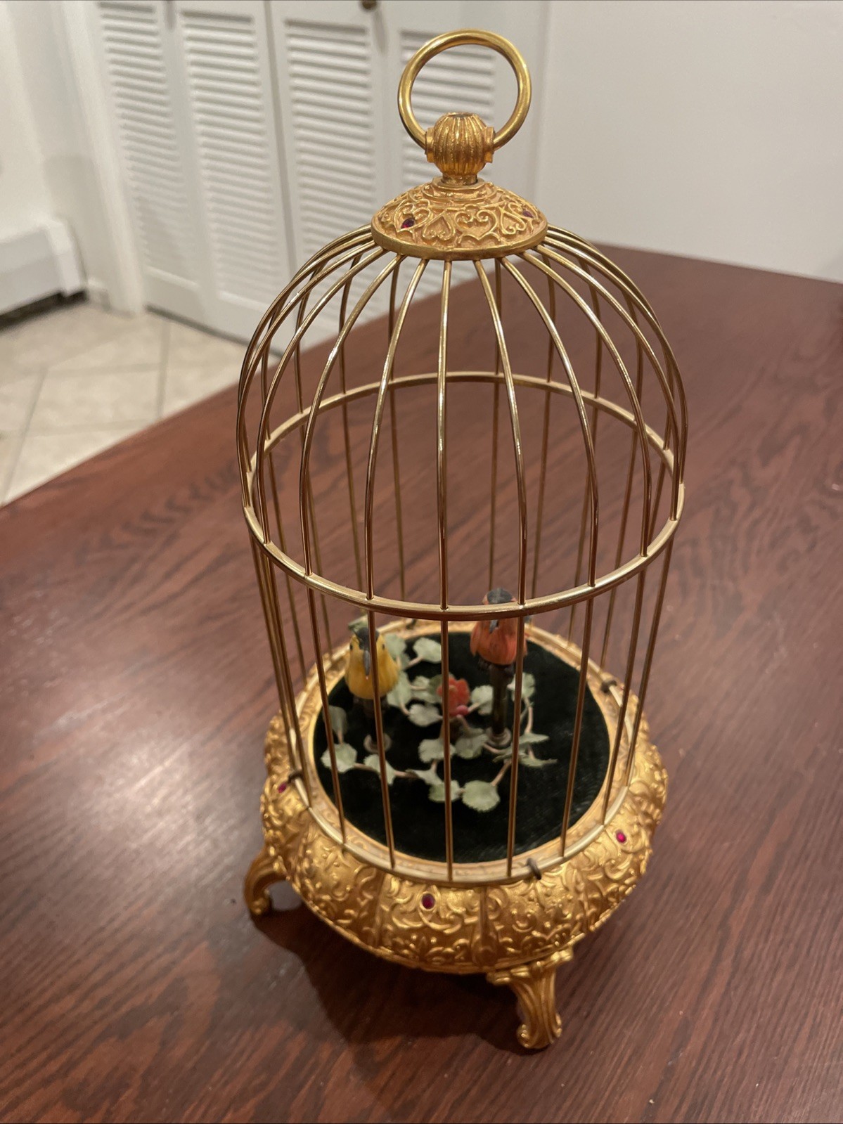 Vintage~West Germany~(2) Birds Gold Cage Wind Up Automaton Music Box~WORKS