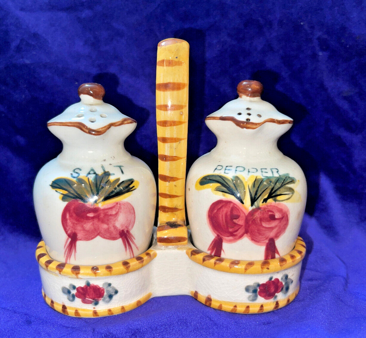 Vintage NASCO Japan Handpainted Ceramic Salt & Pepper Shakers w/Caddy