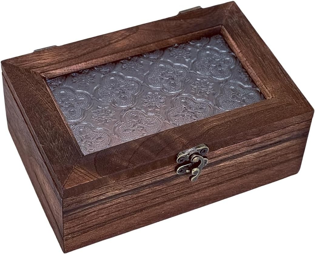 Vintage Wooden Storage Box with Glass Lid, Keepsake Box Small Decorative Storage