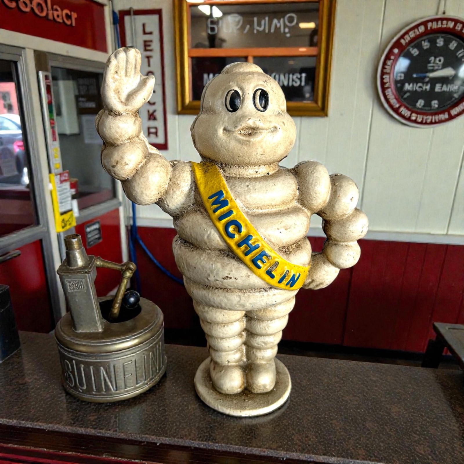 Vintage Style Cast Iron Michelin Man Bank Waving Bibendum Tire Mascot 8.5 Vintage Style Cast Iron Michelin Man Bank Waving Bibendum Tire Mascot 8.5