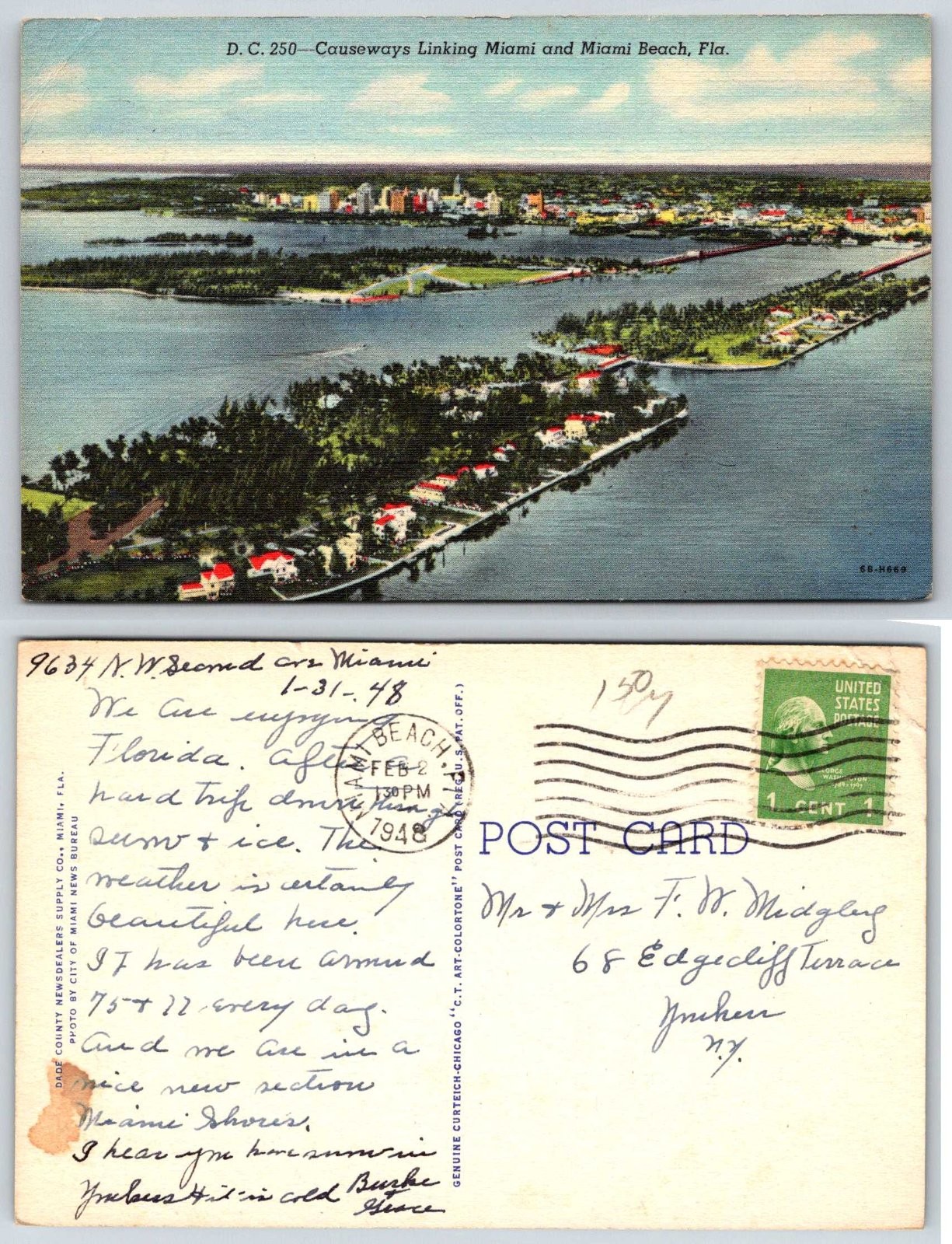 Miami Beach Florida Causeways Linking Miami Aerial View Postcard BA62