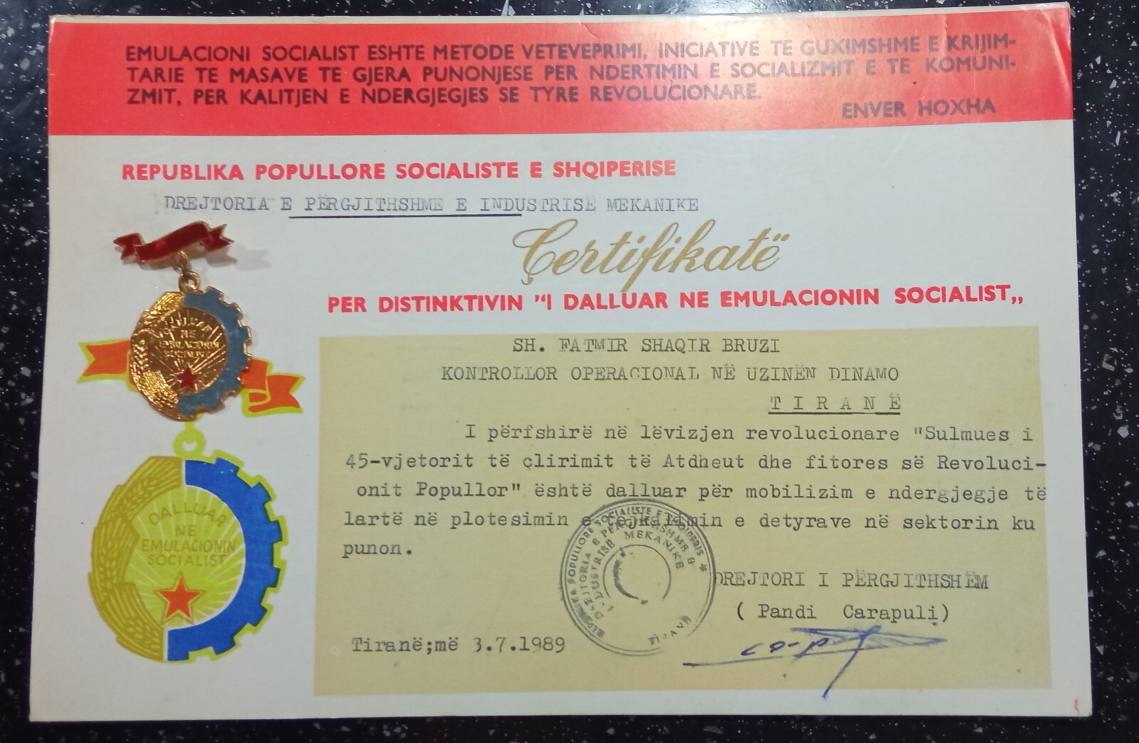 Albania Communist Certificate Era Socialist Emulation With His Pin