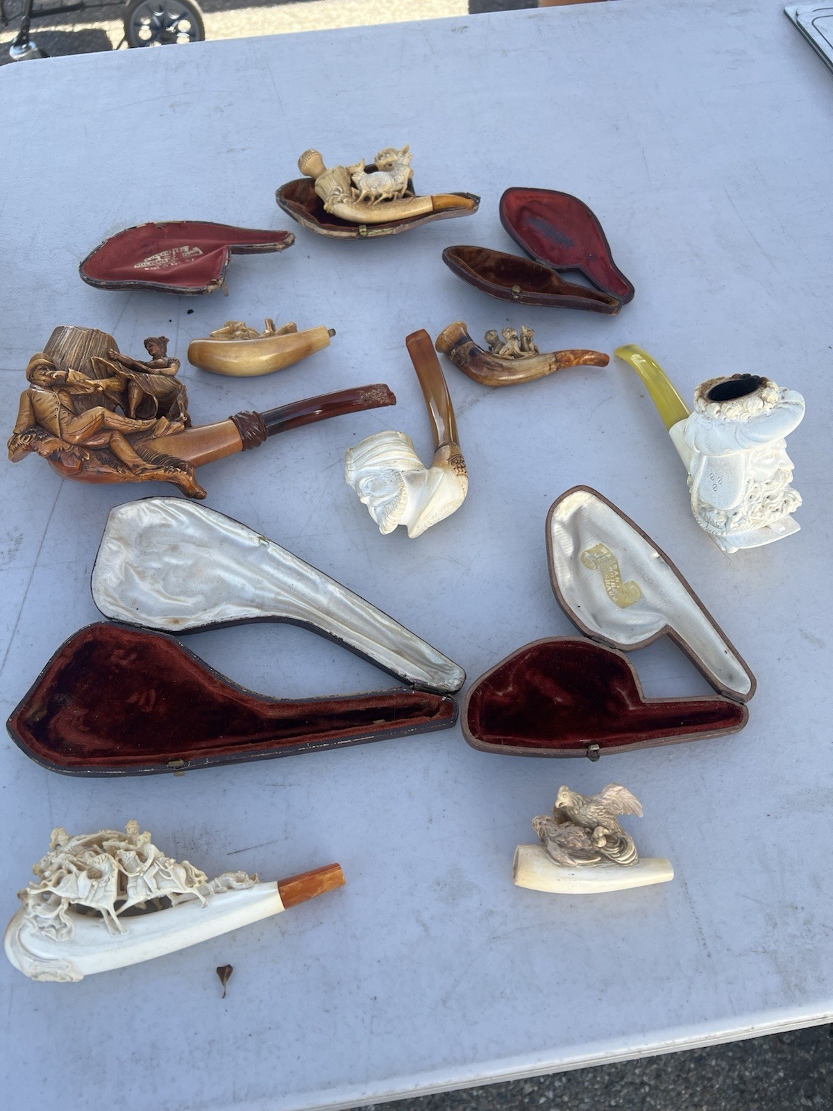 Lot Of Eight Antique Hand carved Meerscham Pipes.