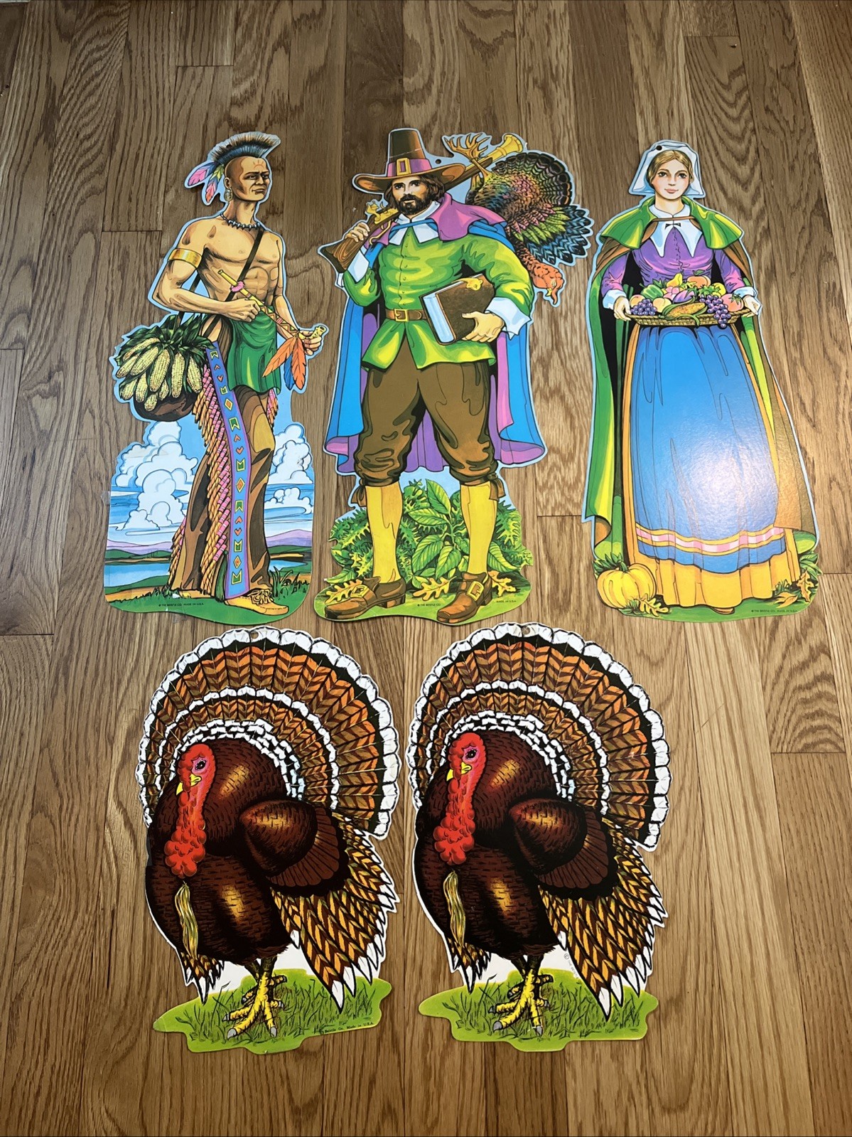 Vintage Beistle Thanksgiving Die Cut Set Of 5 Pilgrim Indian Turkeys Fall