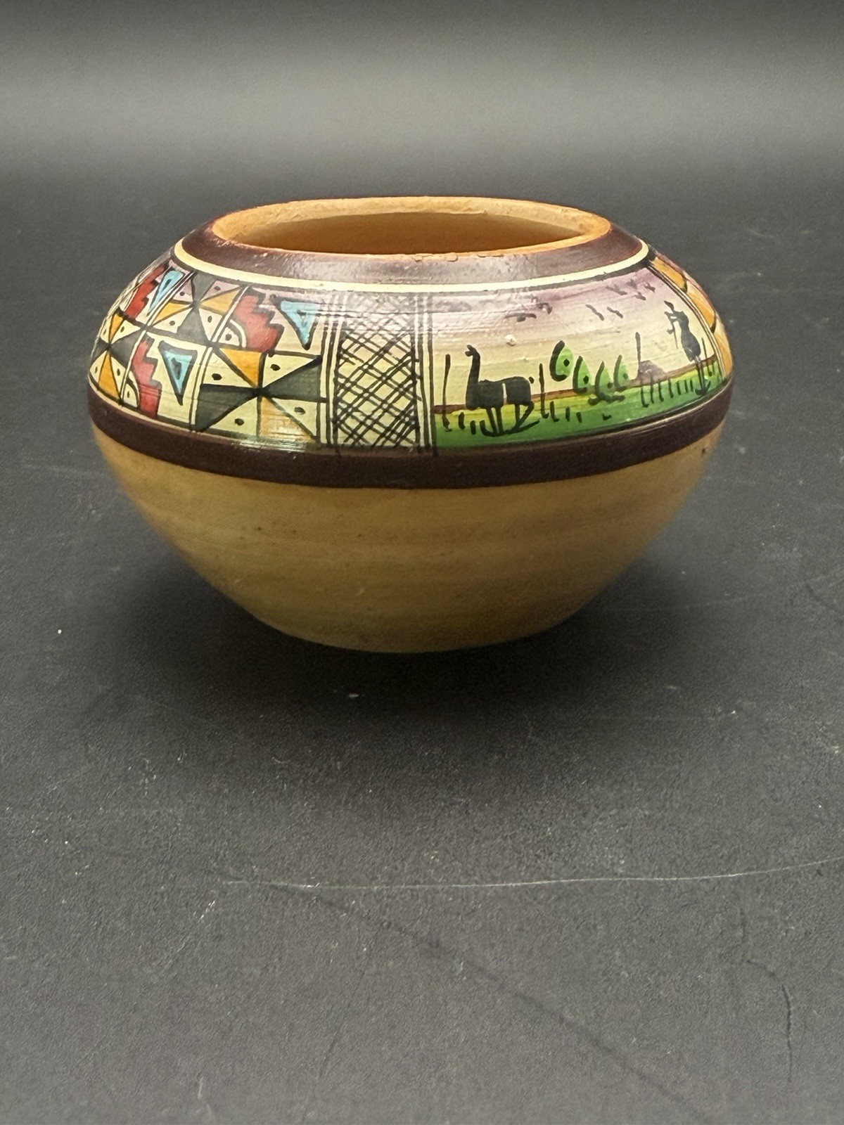 Vintage Cusco Peru Hand Painted Pottery Bowl Andean Llama Folk Art 3”