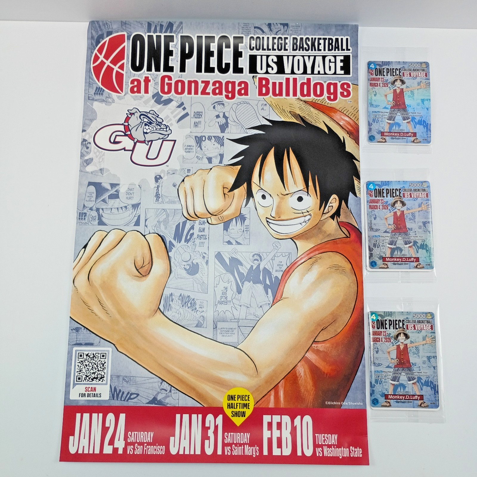 Luffy Bandai One Piece Gonzaga Bulldogs 3 Sealed Cards New Luffy Poster Lot of 4 Luffy Bandai One Piece Gonzaga Bulldogs 3 Sealed Cards New Luffy Poster Lot of 4