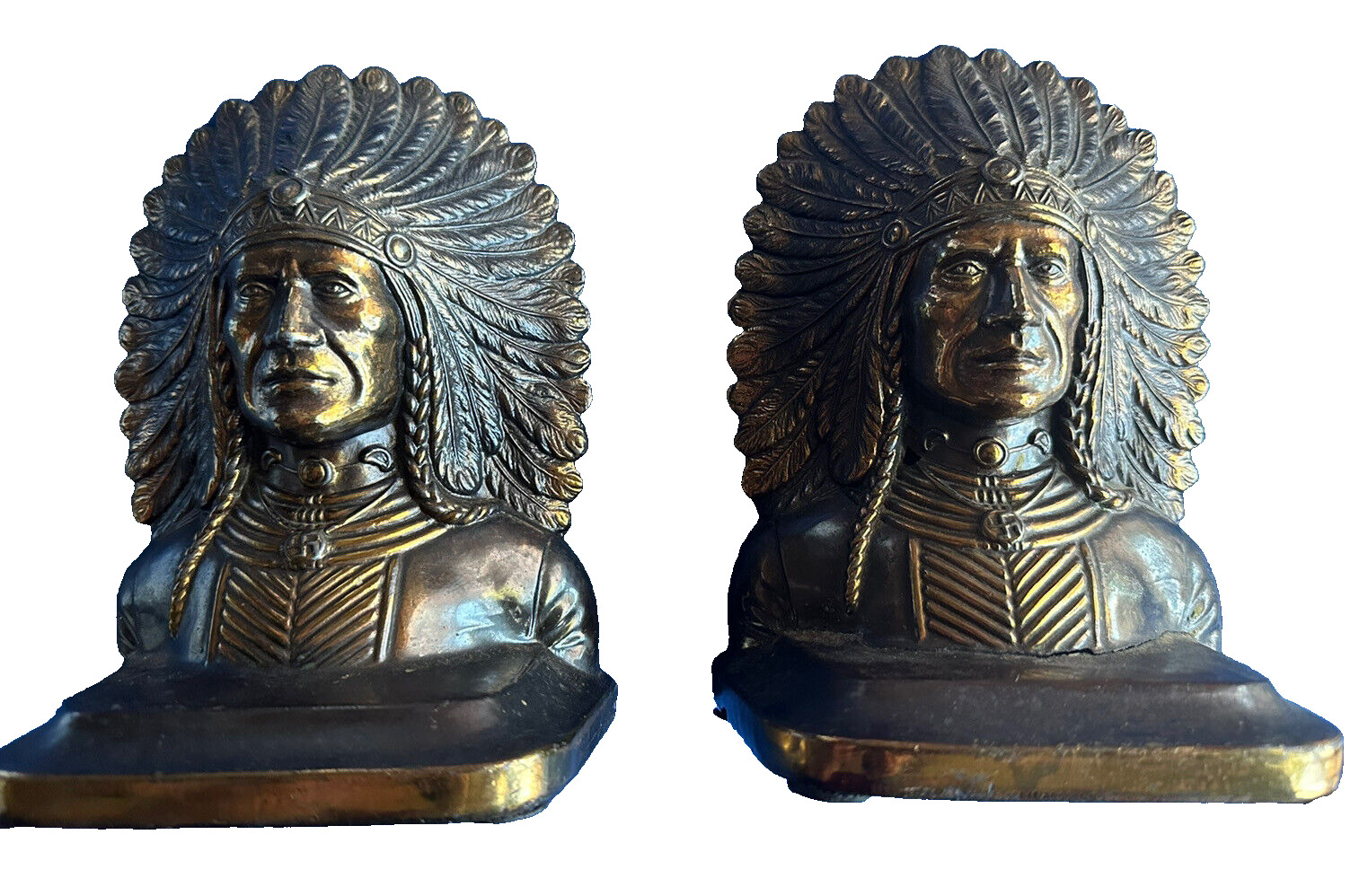 American Indian Chief Head Dress Bronze Bookends by Cole Mfg Co Lindsay Ontario