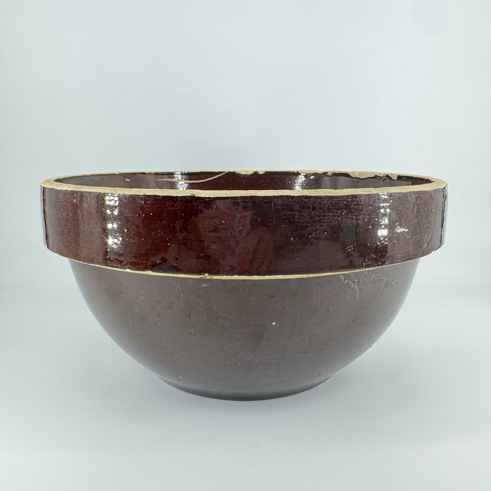 Vintage Farmhouse Style Brown Band Stoneware Mixing or Bread Bowl