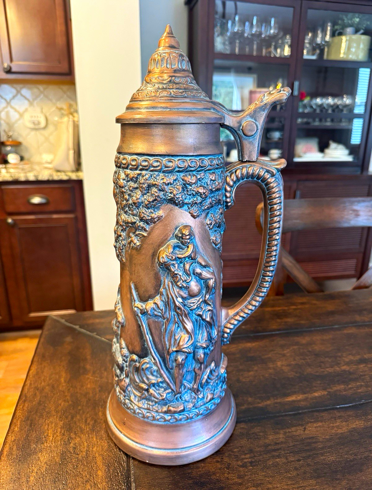 Atlantic Mold Vintage 1970 St. Christopher Relief Lidded Beer Stein Tankard 17.5