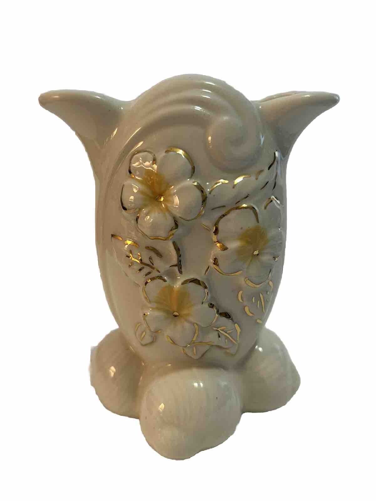 Hull Vase Ivory White Yellow Gold Flower Vintage 6 In.