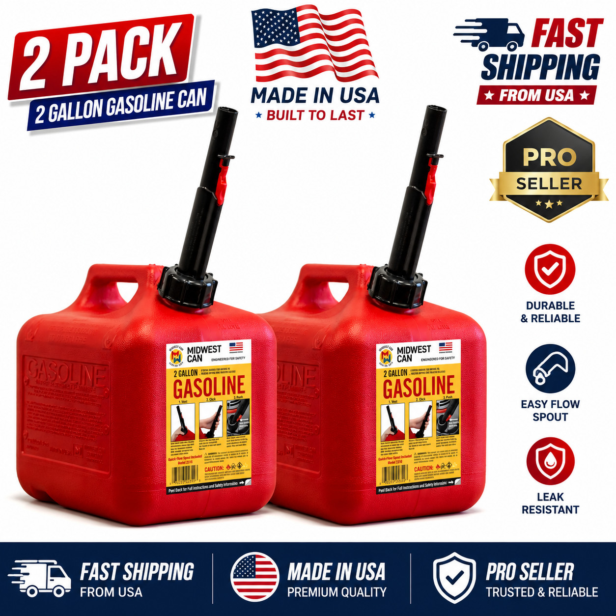 (2 pack) Midwest Can Auto Shut off Gasoline Can, 2 Gallon, 8 oz. Cpacity, Red 