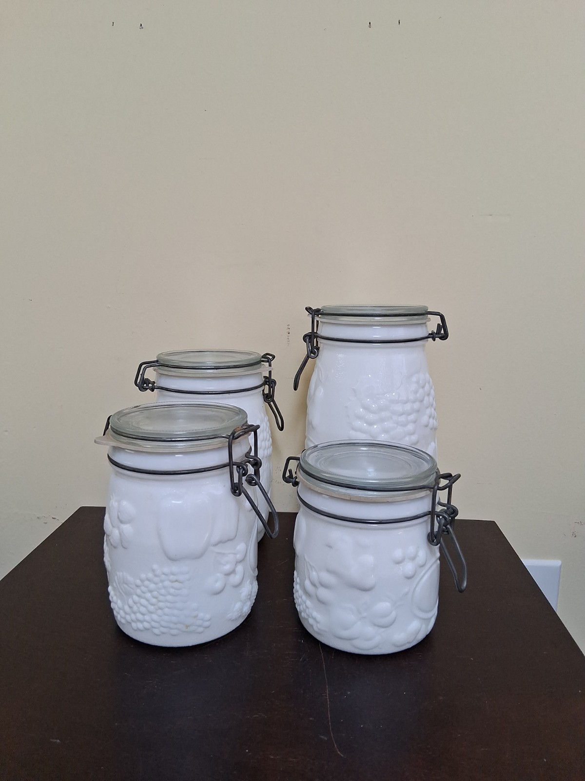 Vintage Wheaton Fine Milk Glass  4 Canister Jars With Metal Bale Fruit