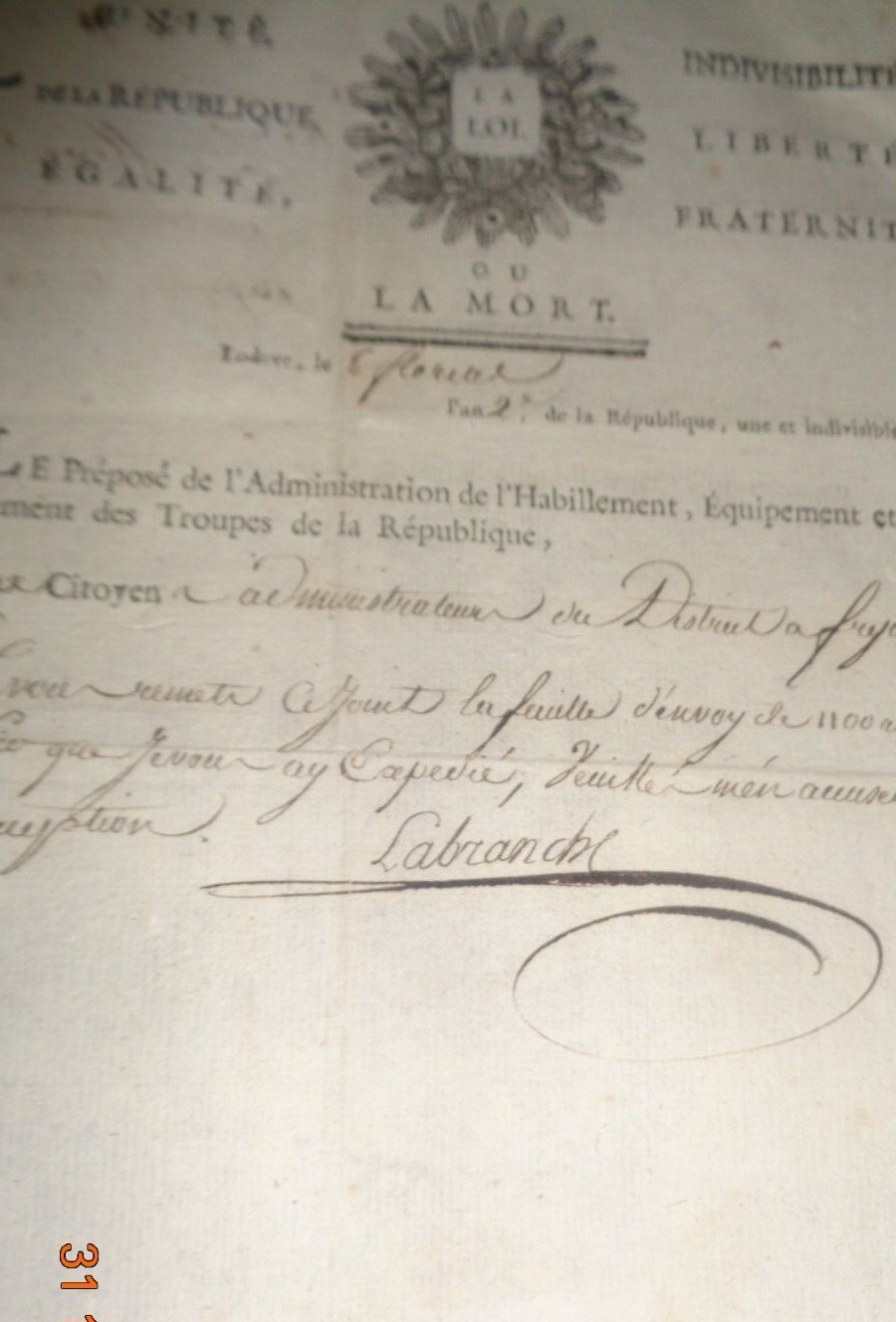 LA LOI OU LA MORT.6 FLORAL YEAR 2 DE LA REPUBLIQUE.SIGN: LABRANCHE