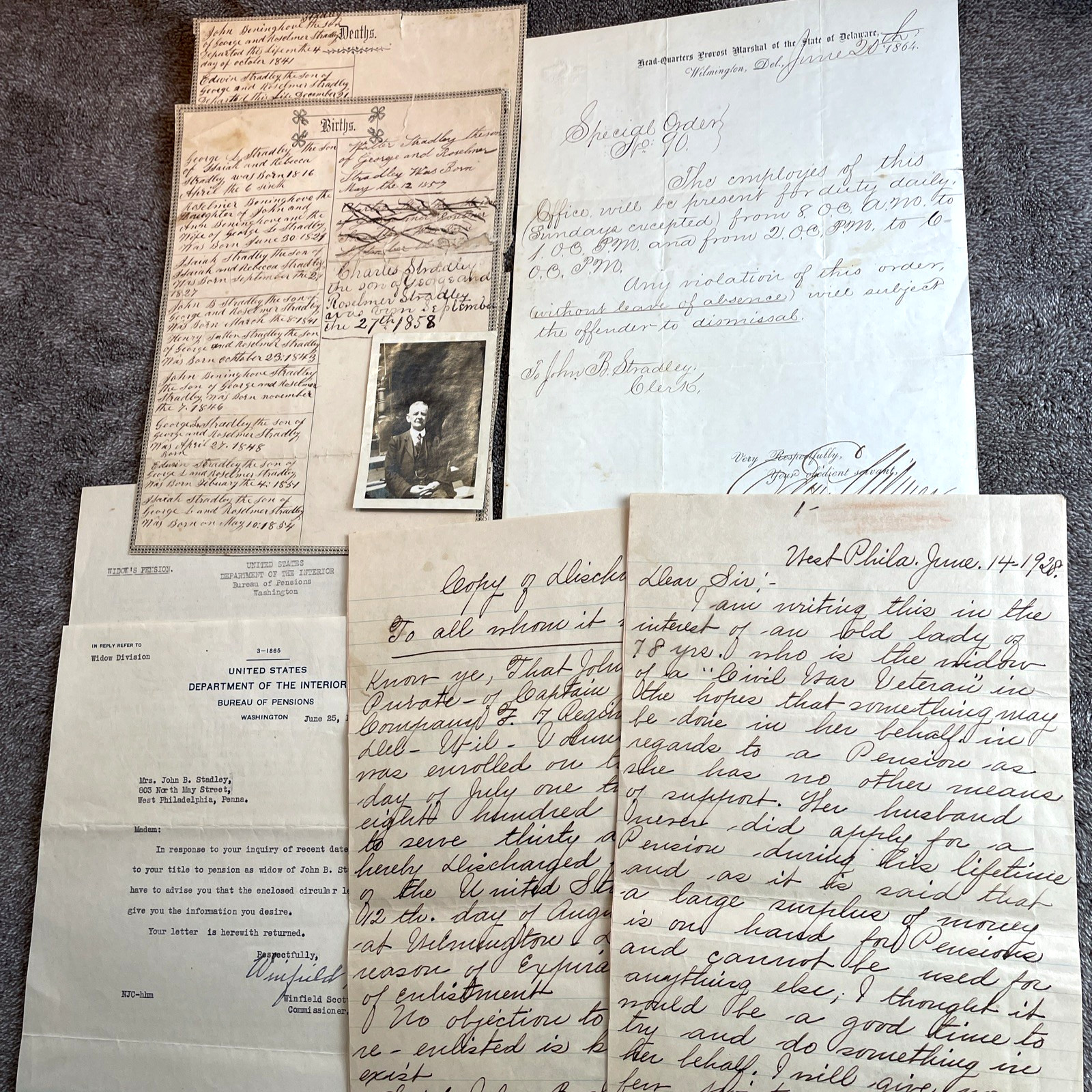 1864 Civil War Delaware Soldier Archive John B Stradley Photo Pension Lot Record